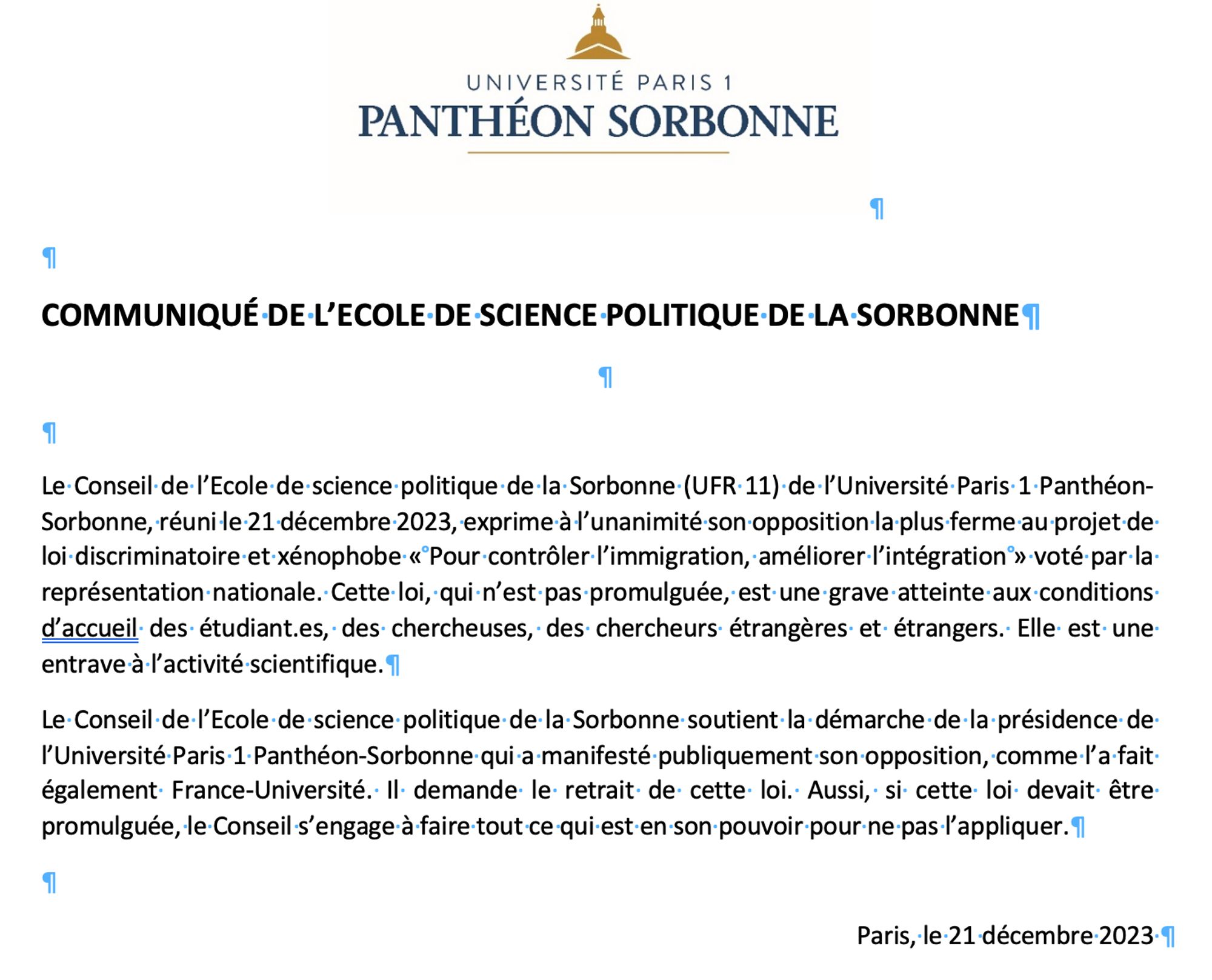 Capture d'écran du communiqué de l'Ecole de science politique de la Sorbonne exprimant son opposition la plus ferme ua projet de loi "immigration"