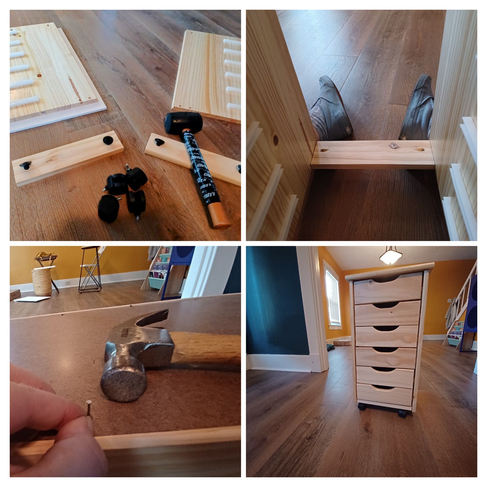 Several scenes of assembling a small chest of drawers made of pine, including plastic drawer rails pounded into place with a mallet, two feet viewed through the open space between pine boards, a tiny nail pinched between two fingers, and the fully assembled drawer tower.