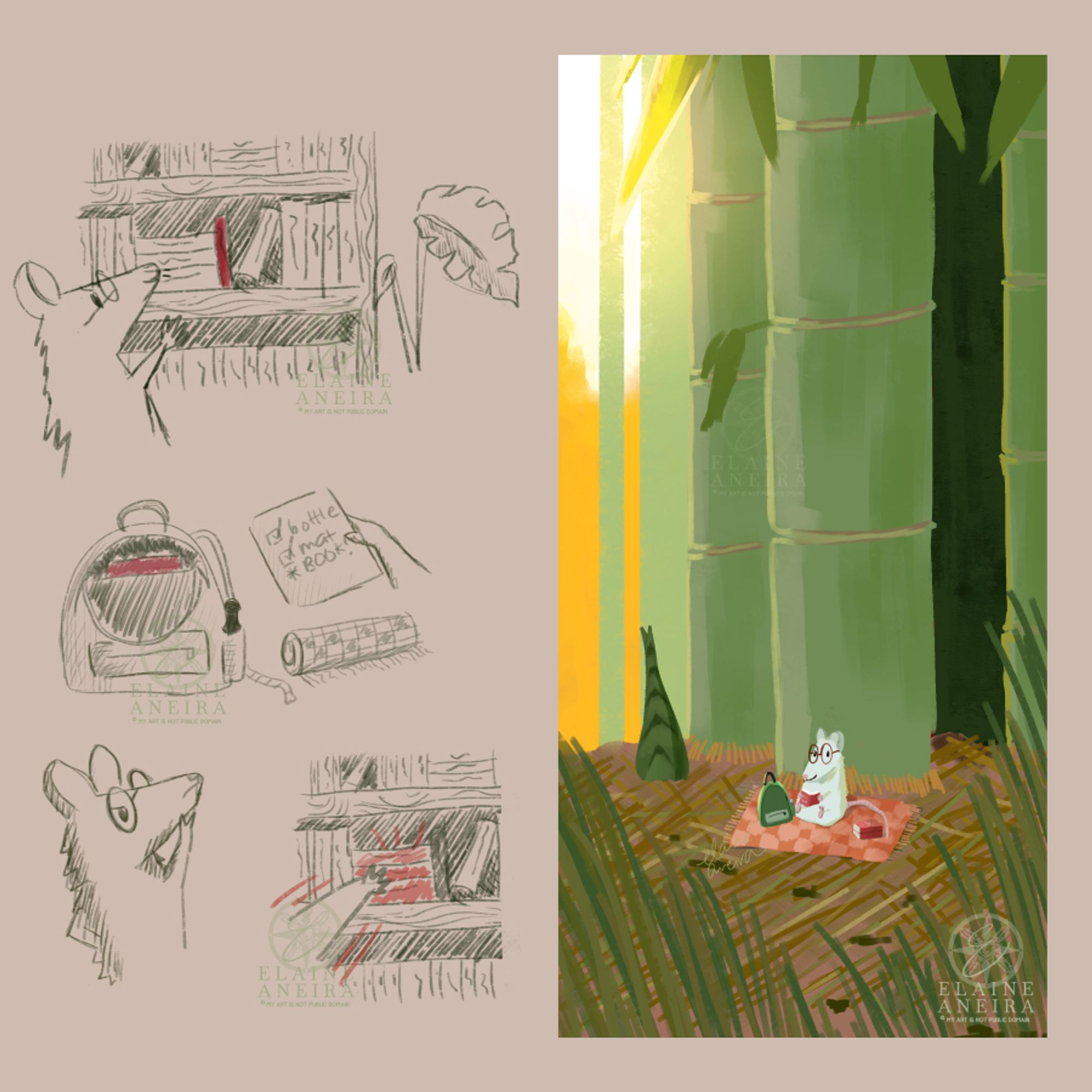 A short sketchy comic starting off with a rat picking a book off his bookshelf, then ticking off his list of things to bring for a day out. After thinking a bit, he decided to bring three more books with him. The last coloured panel shows him in front of a bamboo forest on a mat, reading with two of his books beside him, the last book still in his bag, indicating he is already on his third read of the day.