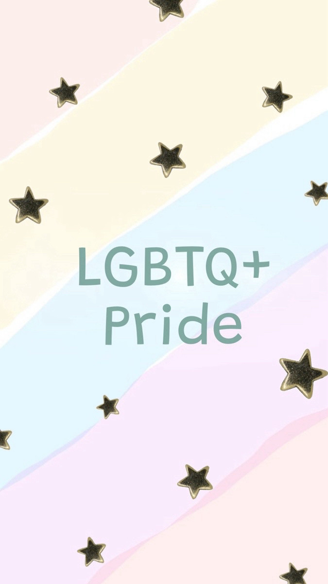 Background is comprised of diagonal pastel rainbow stripes; gold stars of varying sizes are scattered across the page; and in the center in aquamarine text reads “LGBTQ+ Pride”