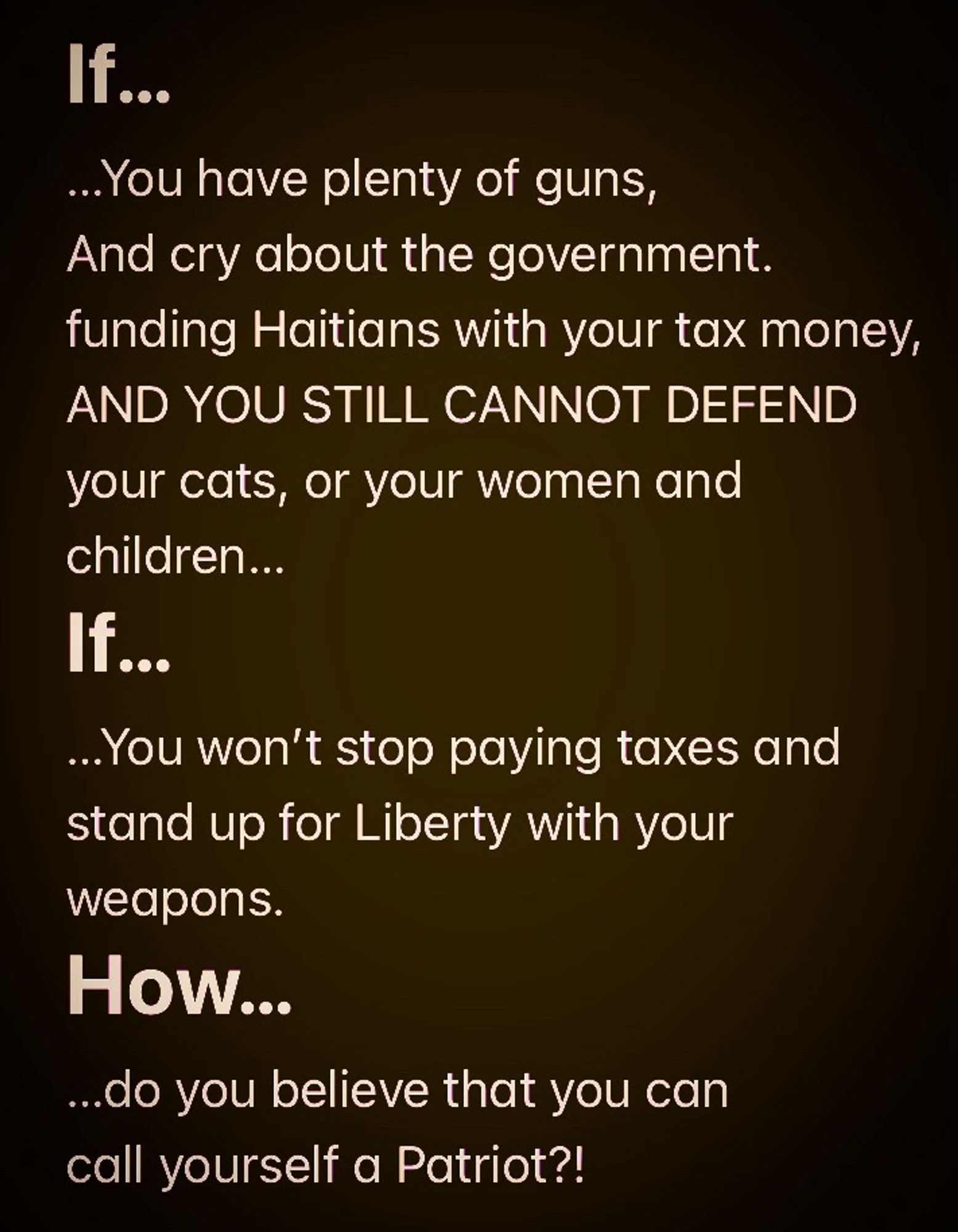 If...
...You have plenty of guns, And cry about the government funding Haitians with your tax money, AND YOU STILL CANNOT DEFEND
your cats, or your women and children...
If...
...You won't stop paying taxes and stand up for Liberty with your weapons.
How...
...do you believe that you can call yourself a Patriot?!