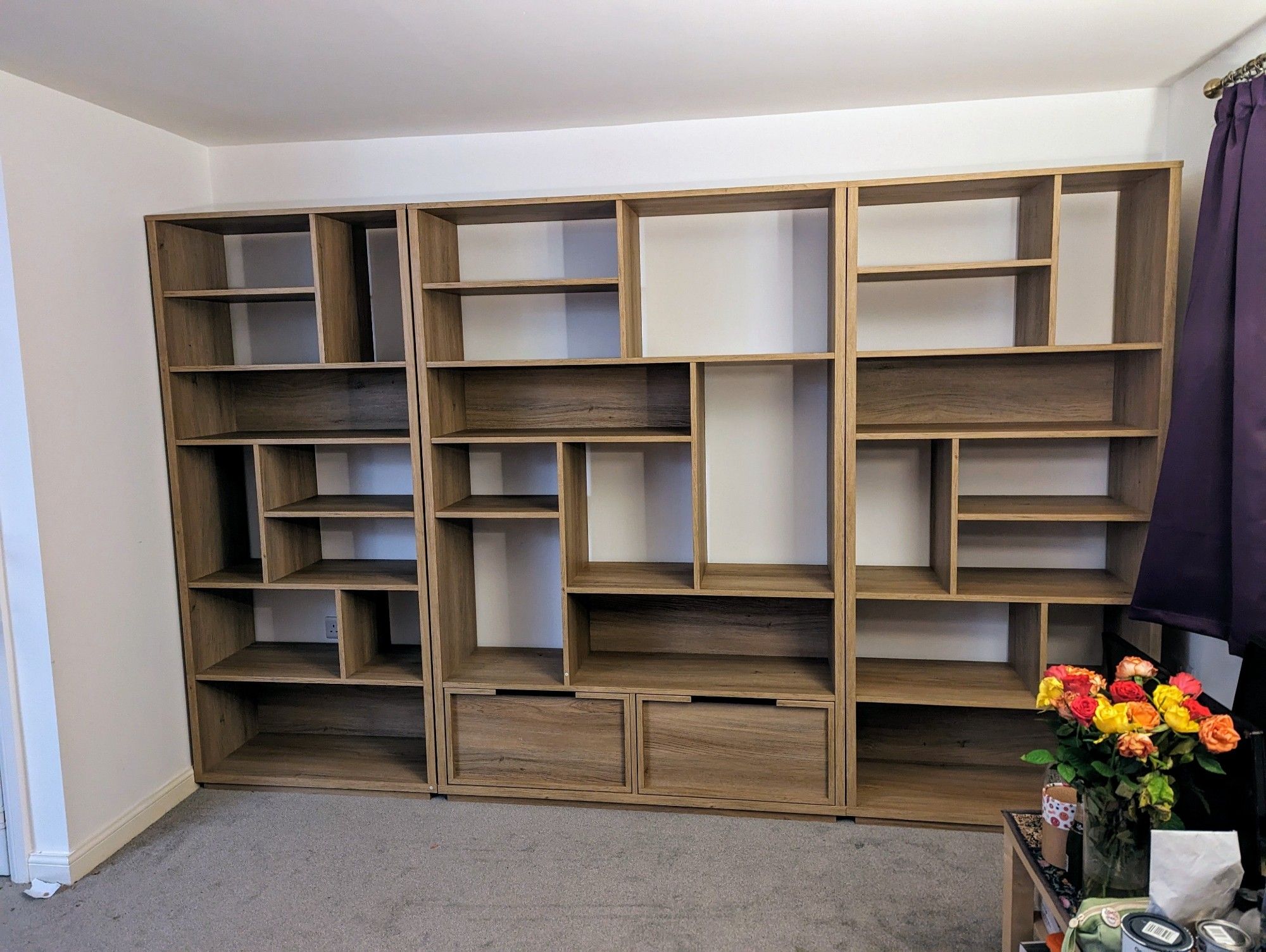 Fancy new bookcases! Sturdier, taller, and with interesting shelf and drawer layouts