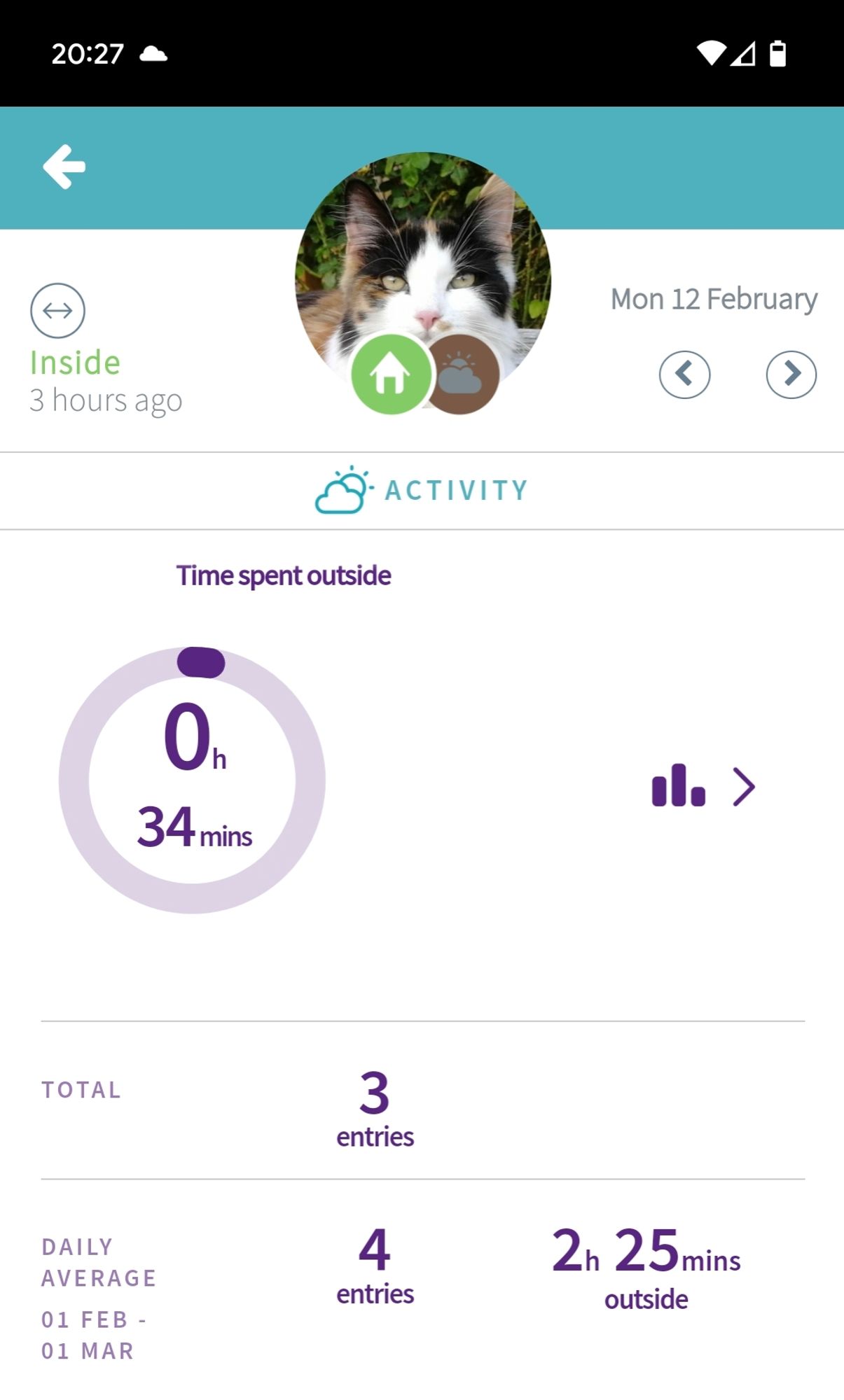 A record from my tortoiseshell cat's cat flap, noting she spent a whole 34 minutes outside on 12 February