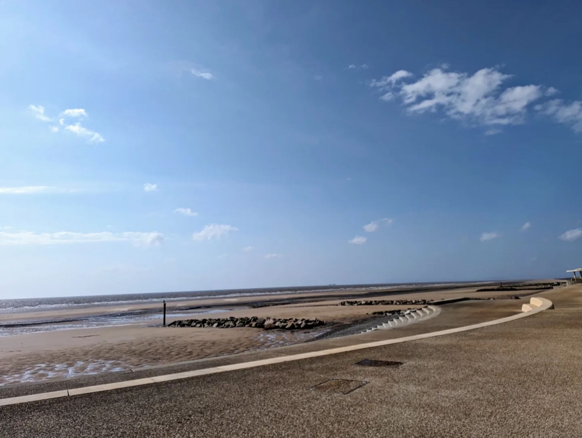 Clear blue skies over the beach from Cleveleys promenade