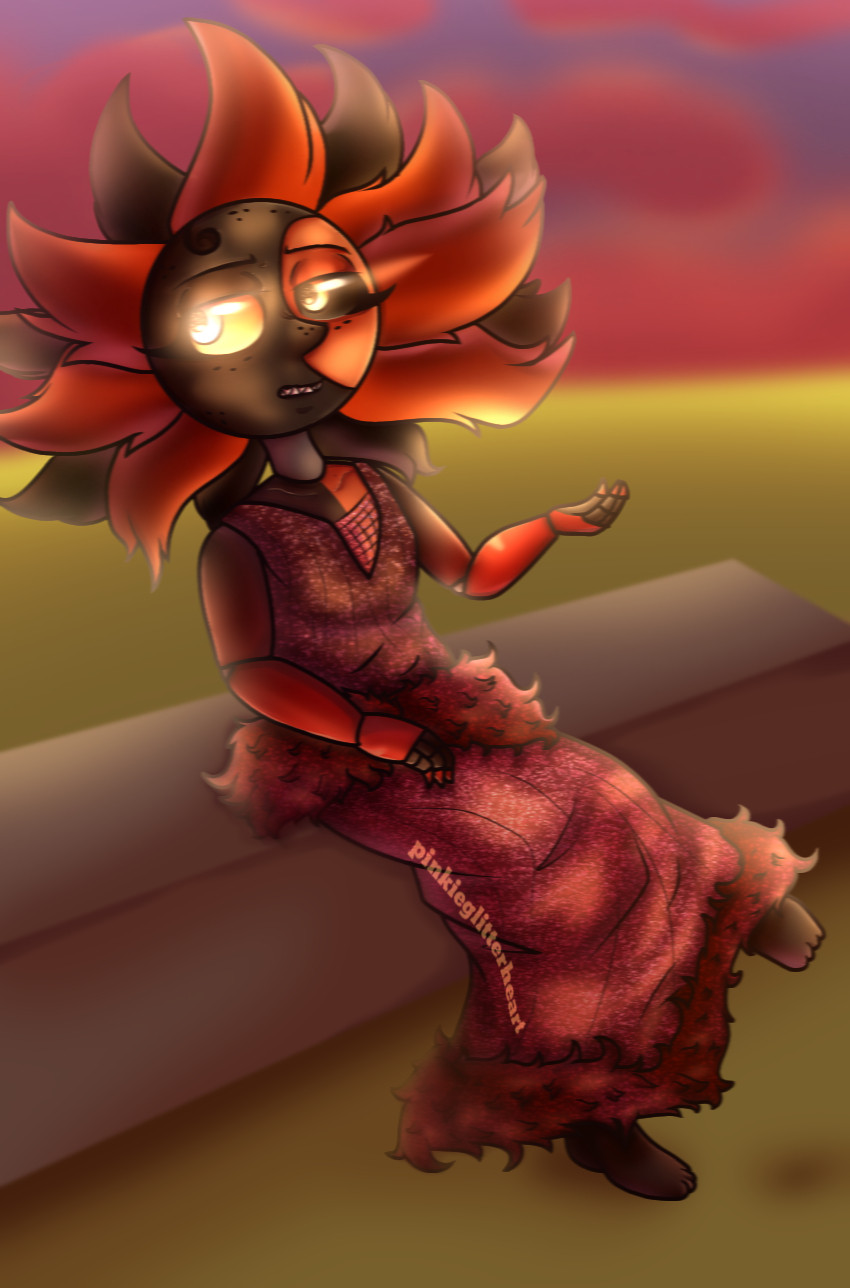 Eclipse from sun and moon show wearing a red dress. He looks bored