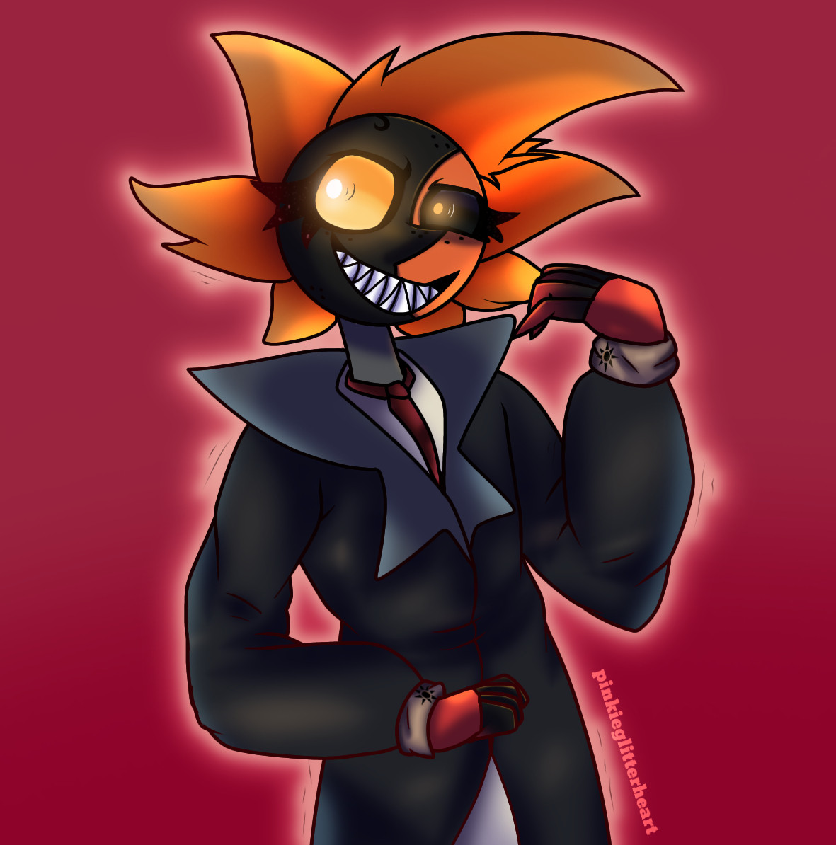 Eclipse from the sun and moon show wearing a suit. His right arm is up with the hand bend to face him.

His face baring a crazed look in his eyes and a sharp tooth smile.