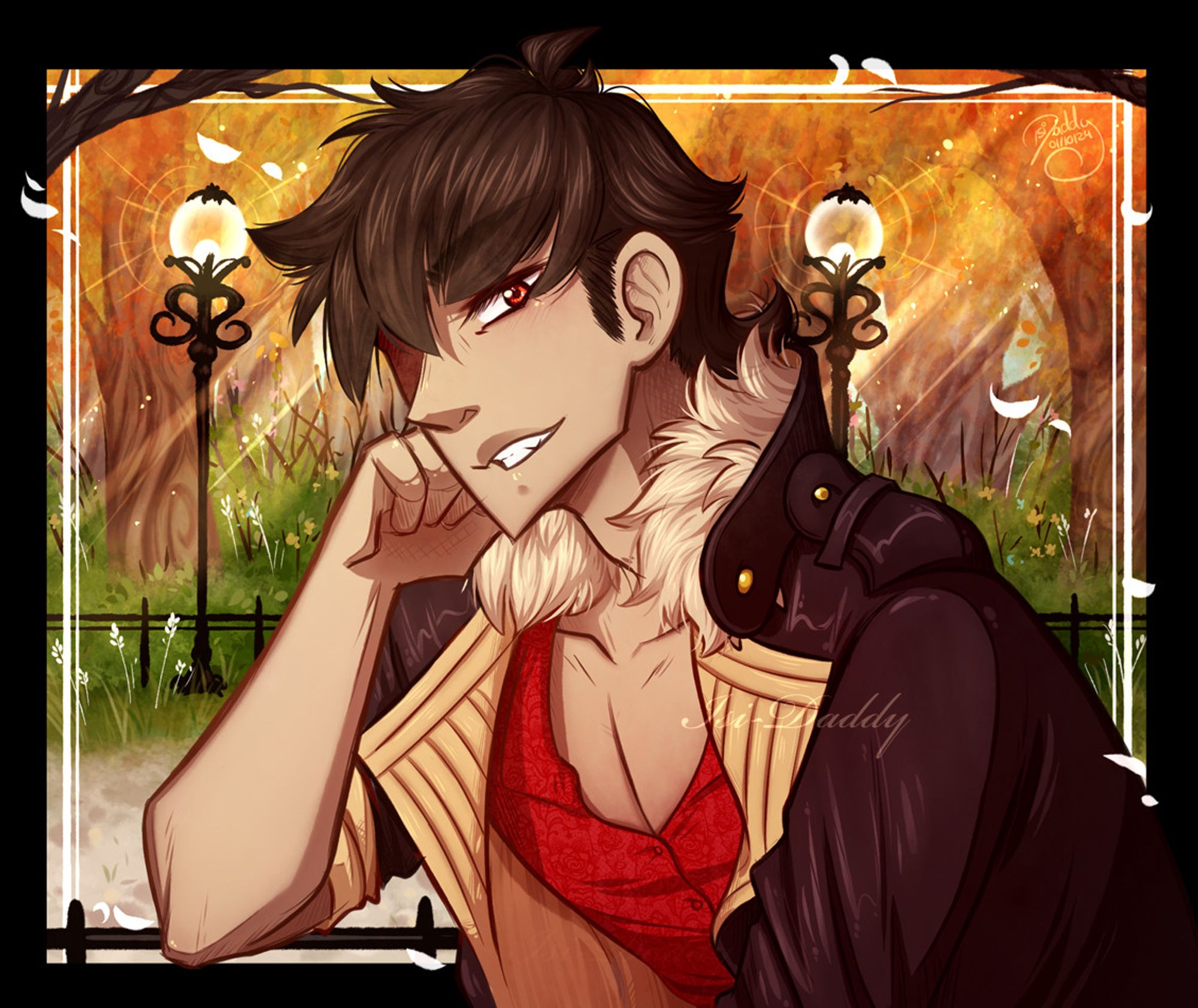 male character in front, waist up, brown hair, red shirt, brown leather jacket with fur around collar, he's leaning on a fence grinning to the viewer while glancing with one eye. Background is an Autumn scenery in a park with red golden trees, green yellow bushes a black fence and black lanterns