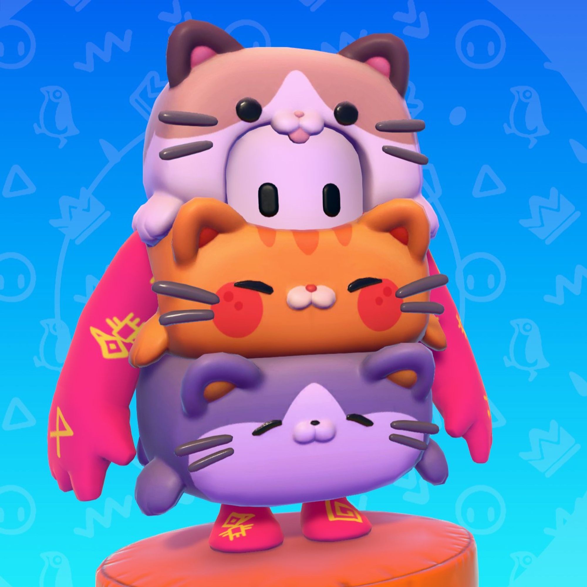 An in-game screenshot of a Fall Guy wearing the Cat Stack-Up costume, which is a stack of three cats.