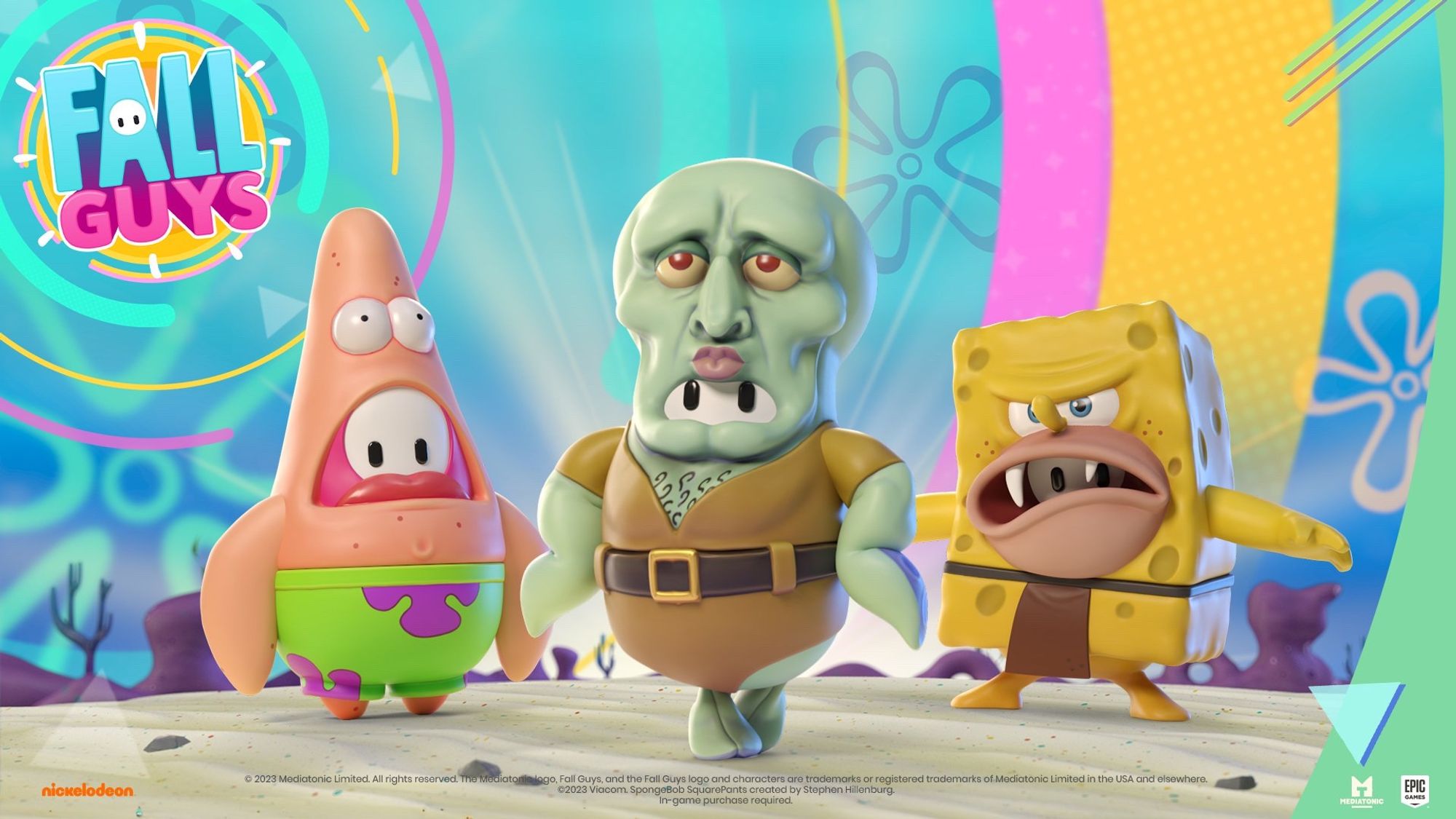 Three Fall Guys are standing in front of a Bikini Bottom inspired background. From left to right, the Fall Guys are wearing the Surprised Patrick, Handsome Squidward and Caveman SpongeBob costumes.