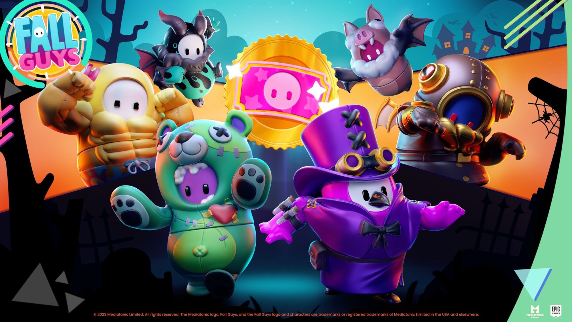 Six Fall Guys are pictured, each wearing a different costume from our new Trick or Yeet Fame Pass. All of the costumes have a spooky/dress up theme, and the Fall Guys are positioned in front of a spooky background. The costumes look like: a green patchwork bear, a witch doctor, a buff muscular Fall Guy, a robotic kraken, a bat and a beast.