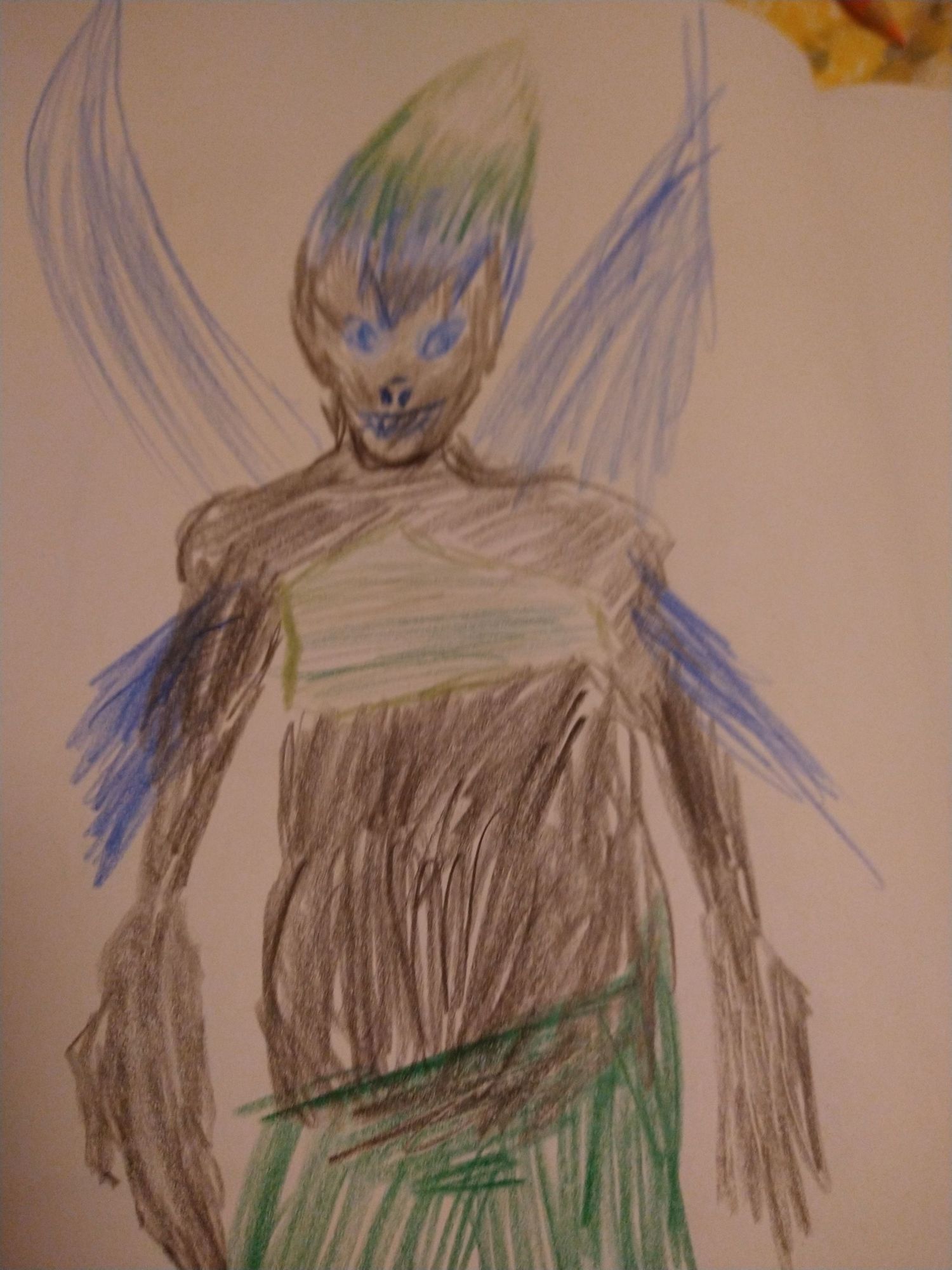 image description: a gray brown colored pixie with blue eyes and blue sclerae, blue, dark green, green, and white gradient hair, a thin body with a potbelly, a green shirt, and green pants. xe has blue wings and long, razor like hands. xe is smiling. end image description