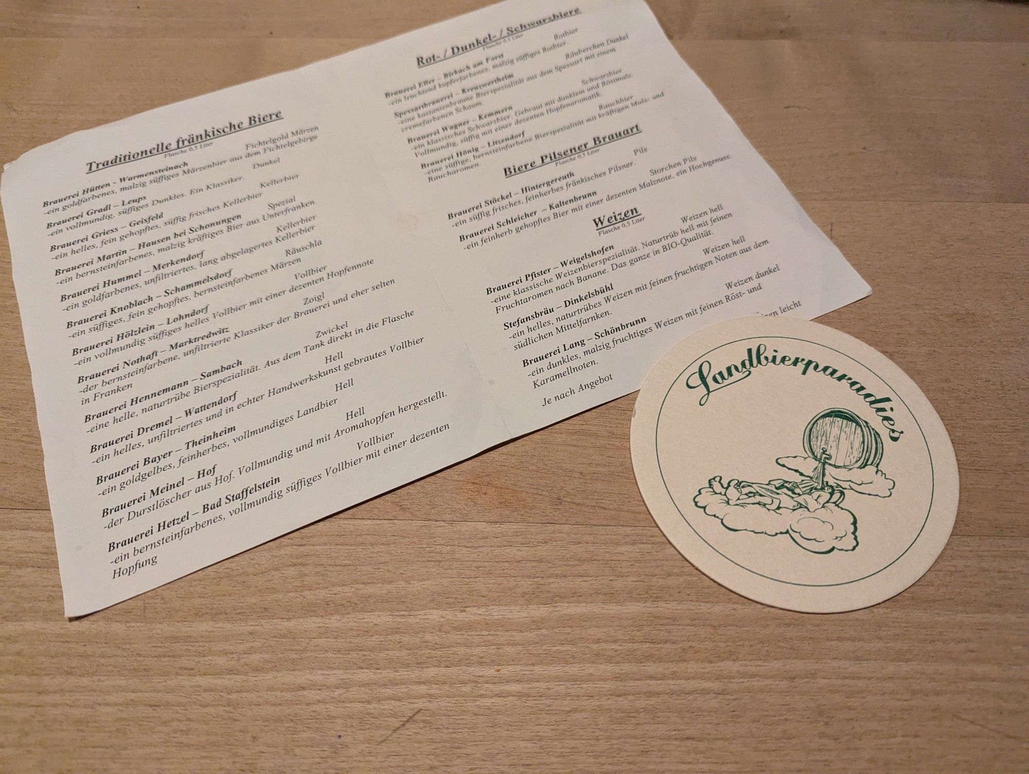 The bottle beer menu at Landbierparadies in Nuremberg and a Bierdeckel sat on a table.