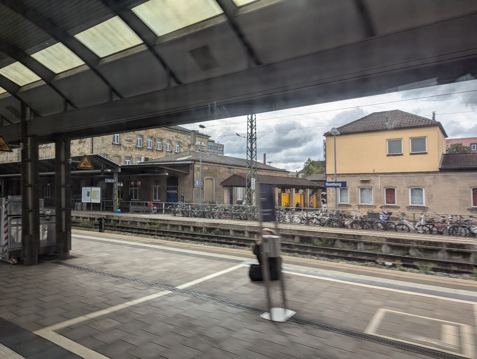 Photo of Bamberg train station as our train passes through quickly.