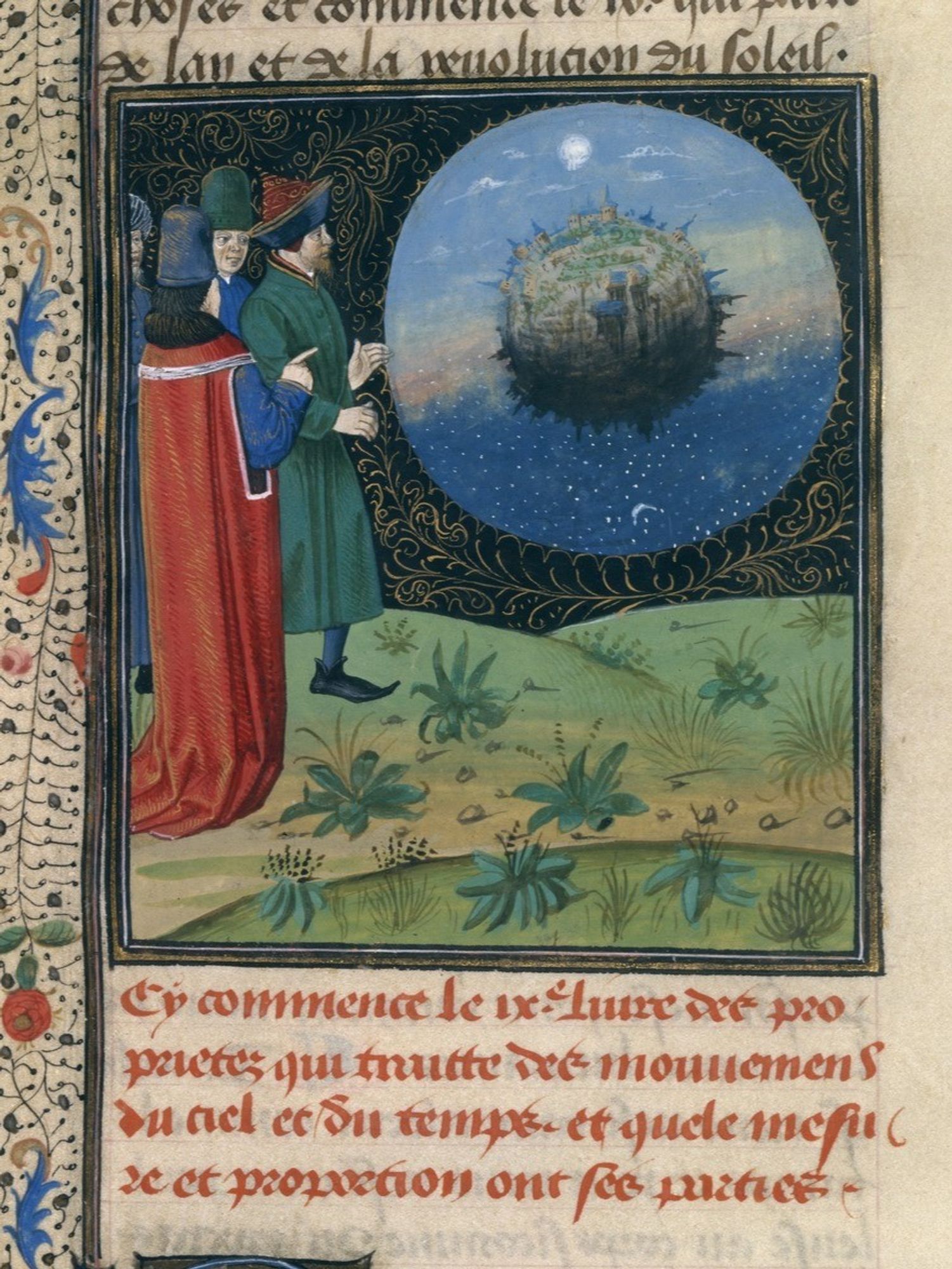 Image: Astronomer(s) (Paris, BnF, Français 134 f.169). Source: https://portail.biblissima.fr/ . This medieval illumination depicts a group of three scholars dressed in brightly colored robes and hats, observing a celestial sphere representing the Earth. The Earth is surrounded by stars and a deep blue background, with a detailed depiction of a cityscape on its surface, symbolizing medieval cosmological understanding. The figures stand outdoors amidst foliage, looking thoughtfully at the globe as if discussing astronomical theories. The intricate decorations around the frame and the French script below suggest that the scene comes from a manuscript related to cosmology or geography.