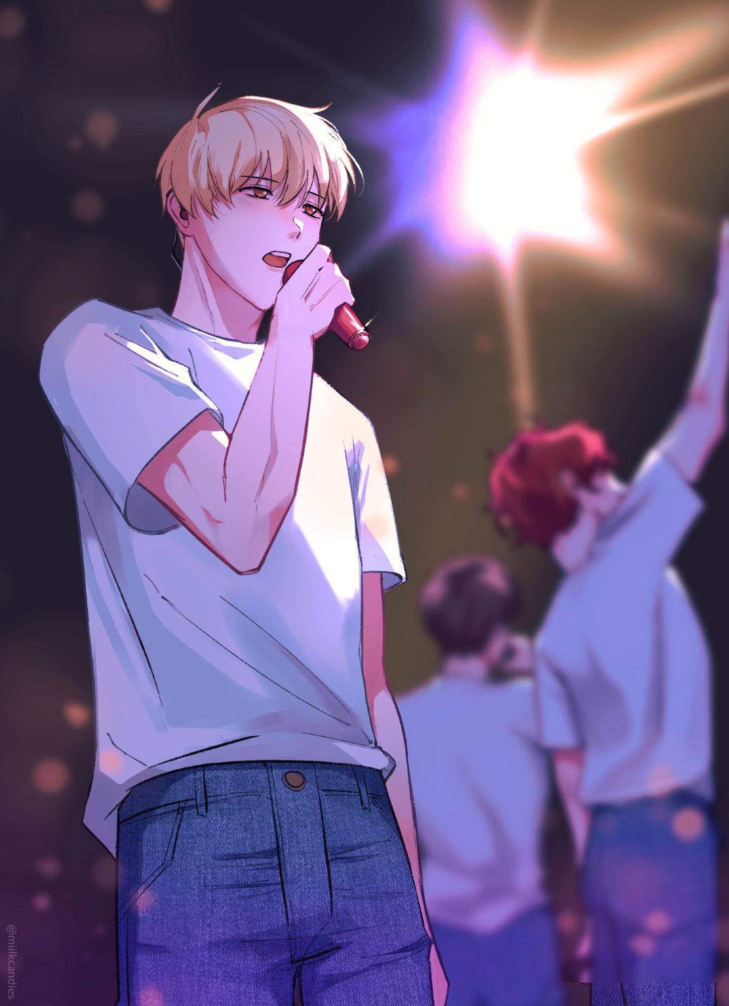 Park Moondae from Debut or Die singing on stage with a bright light shining over him. In the background, Keun Sejin is also singing while Cha Eugene waves at the fans.