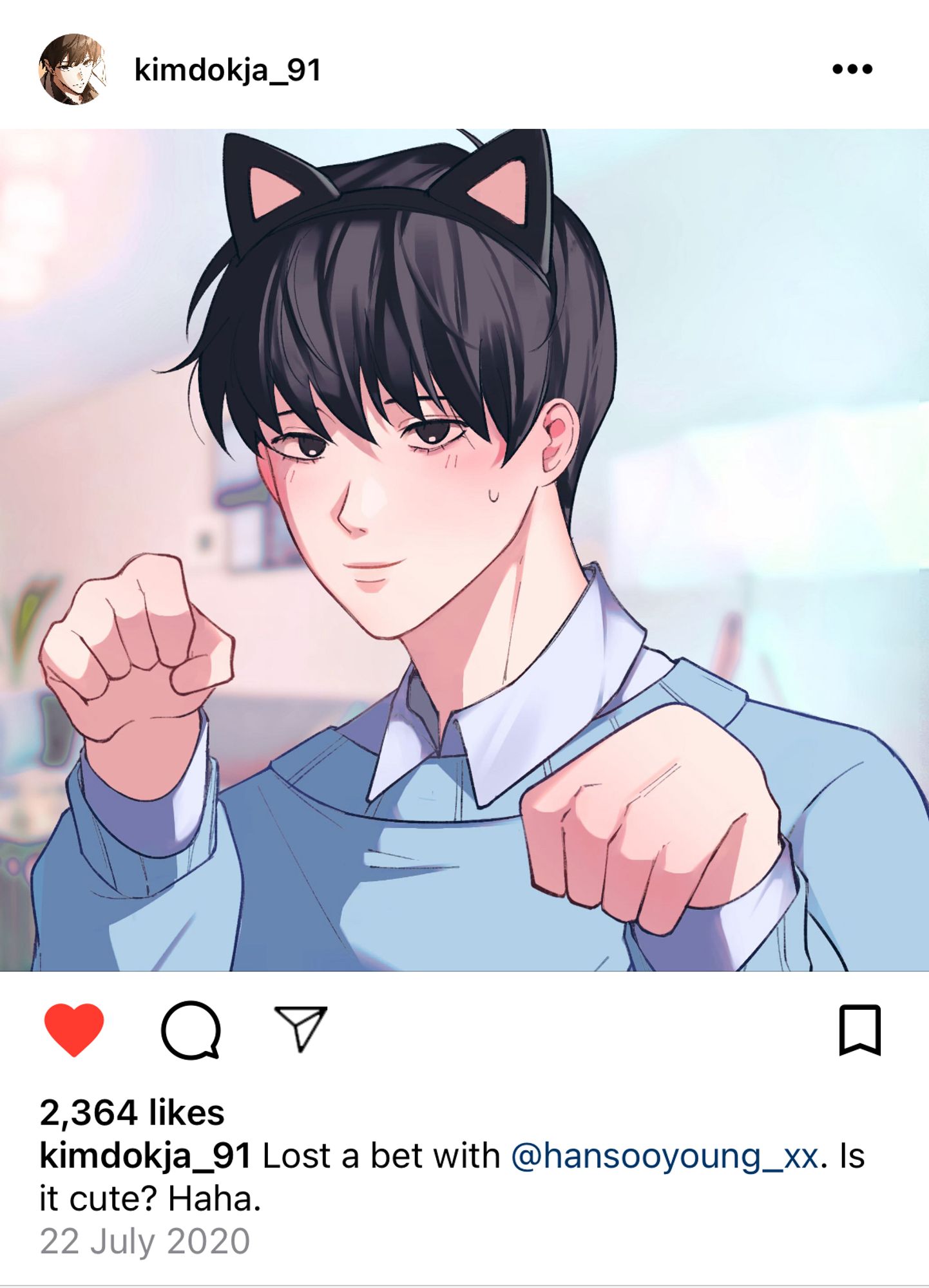 Fake instagram post of Kim Dokja from Omniscient Reader's Viewpoint wearing a cat headband and doing a cat pose. He is wearing a blue sweater with a collared shirt underneath and appears to be indoors.