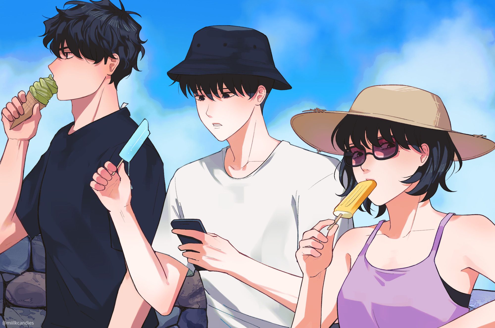 Yoo Joonghyuk, Kim Dokja, and Han Sooyoung from Omniscient Reader's Viewpoint hanging out on a sunny day. Joonghyuk is wearing a black t-shirt and eating a matcha ice cream. Dokja is wearing a white t-shirt and black bucket hat and eating a ramune popsicle while looking at his phone. His popsicle is melting. Sooyoung is wearing a sun hat, sunglasses, and purple tanktop while eating a lemon creamsicle. She is leaning against the rock wall behind them with one arm up. The sky is blue with some big clouds.