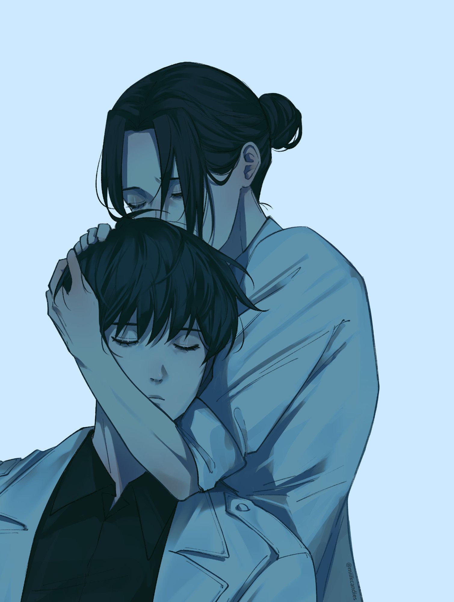 Blue-tinted image of Kim Dokja and Jung Heewon from Omniscient Reader's Viewpoint. Heewon clutches Dokja's head against her as he lays with his eyes closed. Heewon's eyes are also closed as she buries her head in his hair with an anguished expression.