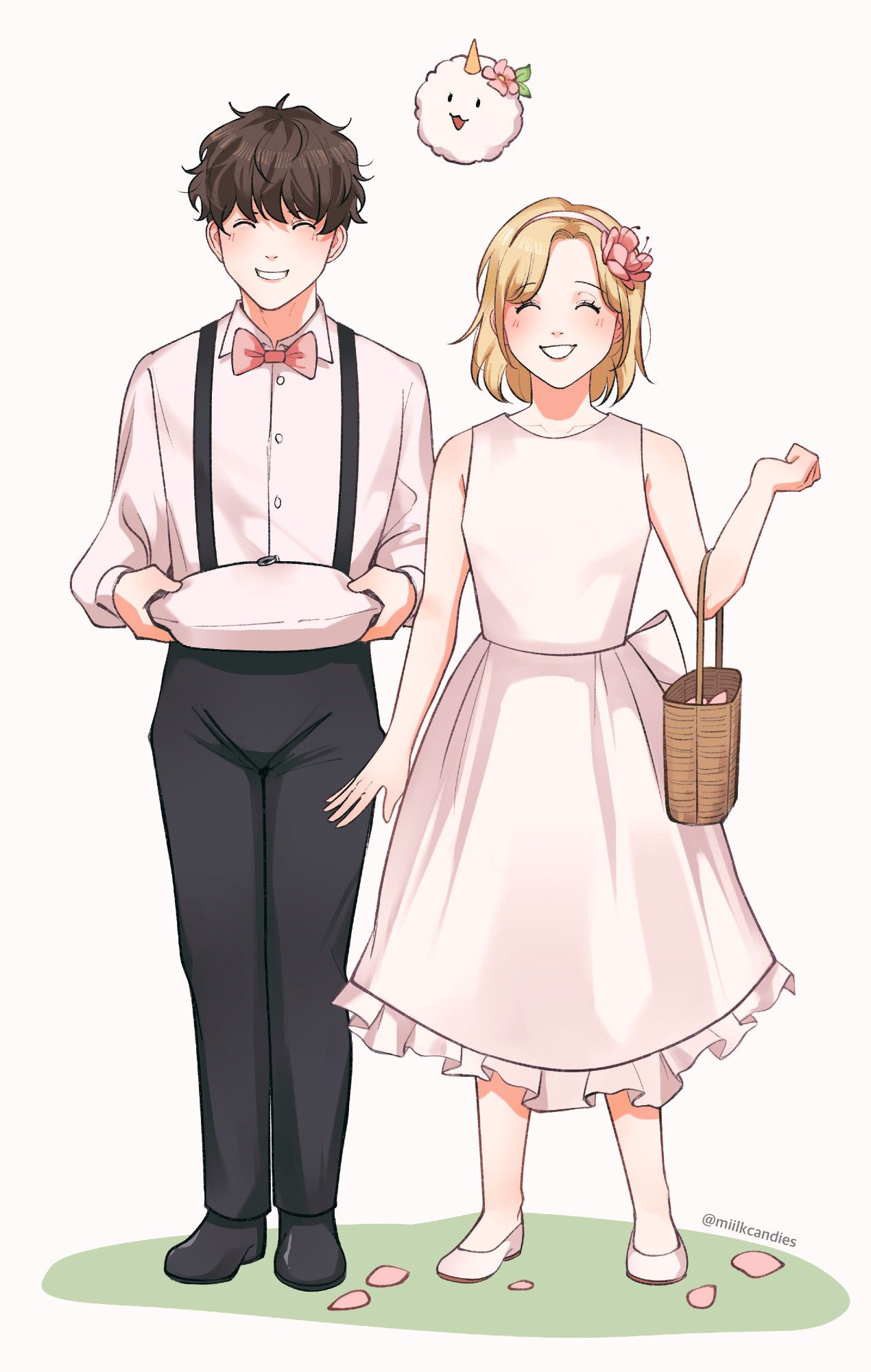 Shin Yoosung and Lee Gilyoung from Omniscient Reader's Viewpoint. Yoosung is wearing a white sleeveless dress and a pink flower hairband. She is holding a basket of flower petals and some petals are scattered on the floor around her. Gilyoung is wearing a black pants, a white dress shirt, black suspenders, and a pink bow tie. He is holding a white pillow with a silver ring on it. Both kids are smiling brightly.