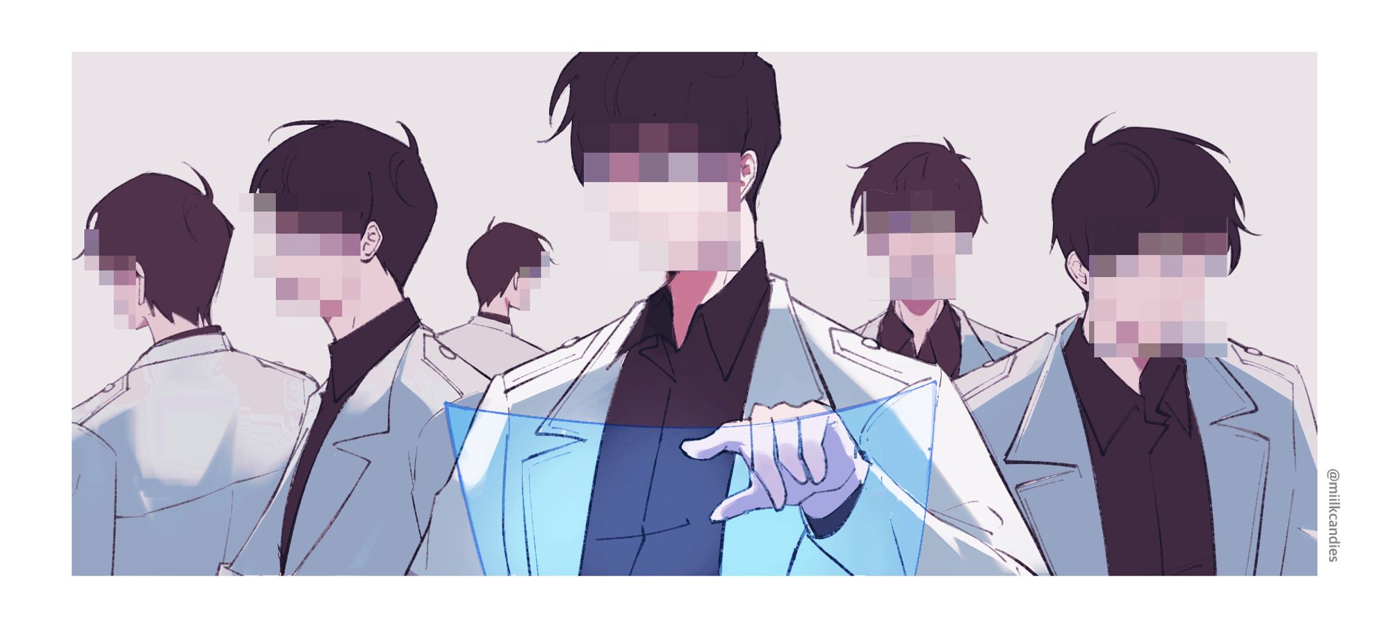 6 Kim Dokjas from the webnovel Omniscient Reader's Viewpoint fill the horizontal image at varying distances. Each has their face blurred with a mosaic, and the one closest to the screen raises a finger to interact with a blue screen.