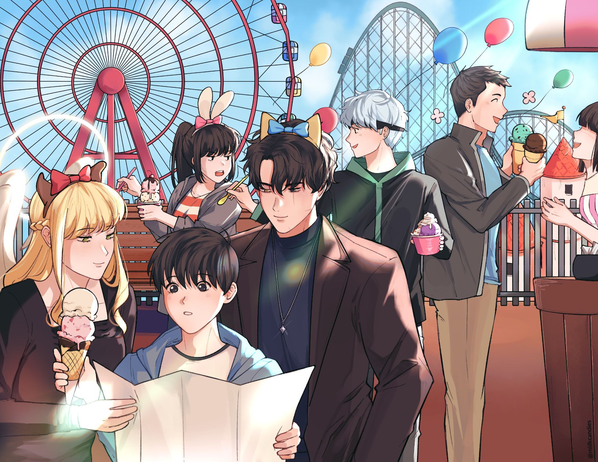 The 999th regression outer gods from Omniscient Reader's Viewpoint and a young Kim Dokja at an amusement park. An the front, Dokja is looking at the park map pamphlet while holding an ice cream cone. Uriel and Secretive Plotter look at the map with him. In the back, Kim Namwoon is holding an ice cream cup, but wants to try Lee Jihye's ice cream too. She is holding her cup away from him. Lee Hyunsung is buying two more ice cream cones from the park worker. Uriel, Secretive Plotter, and Jihye are wearing dog, cat, and bunny hairbands respectively with bows on them. In the background, there is a ferris wheel and a roller coaster ride.