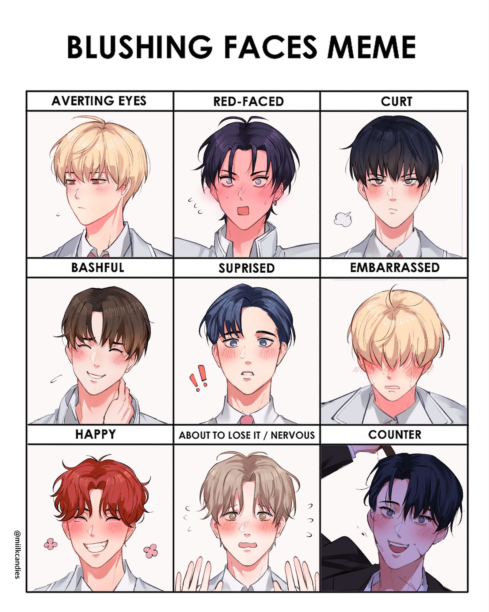 Blush meme of the TeStar members plus Cheongryeo from Debut or Die, in which each character has a different type of blush:
1. Moondae is averting eyes
2. Raebin is red-faced
3. Bae Sejin is curt
4. Lee Sejin is bashful
5. Chungwoo is surprised
6. Moondae (again) is embarrassed while crying
7. Eugene is happy
8. Ahyeon is about to lose it/nervous
9. Cheongryeo is "counter." As the meaning of "counter" is ambiguous in the template, Cheongryeo has been drawn slightly bloody with a crazed expression as he wields a sledgehammer.