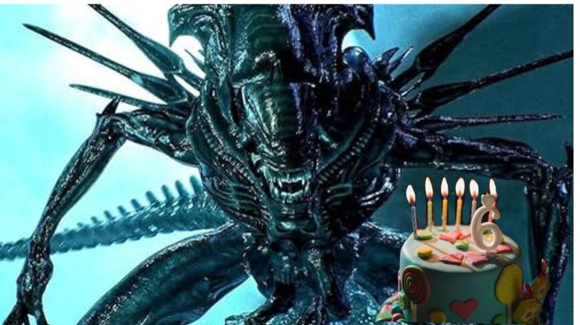 A queen xenomorph sits in front of a birthday cake that has 6 candles