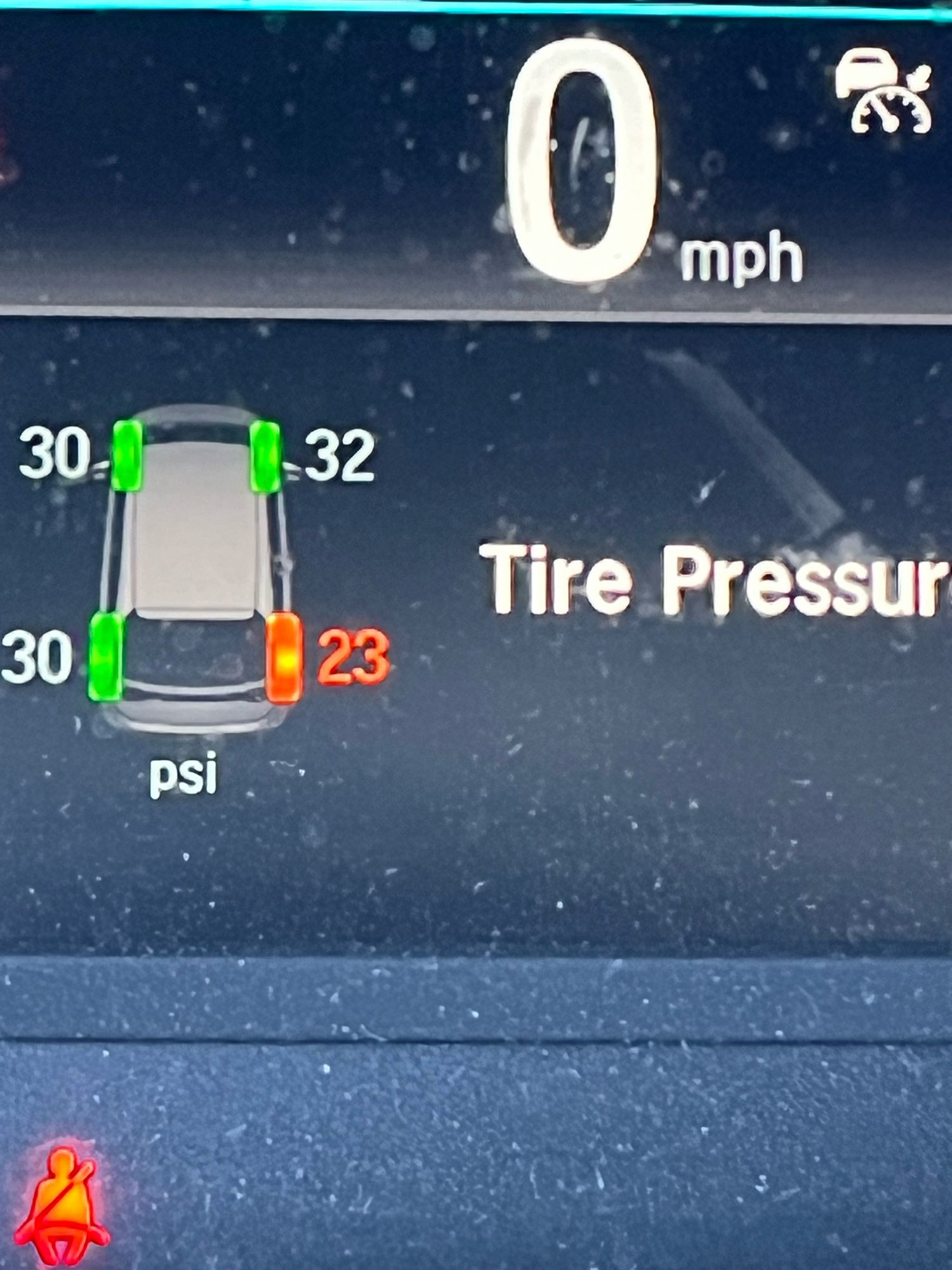 Picture is the warning light on my vehicle claiming my tire pressure is laughably low, since I just filled it yesterday. Which was a whole other debacle resulting in an accidental flat on a different tire.