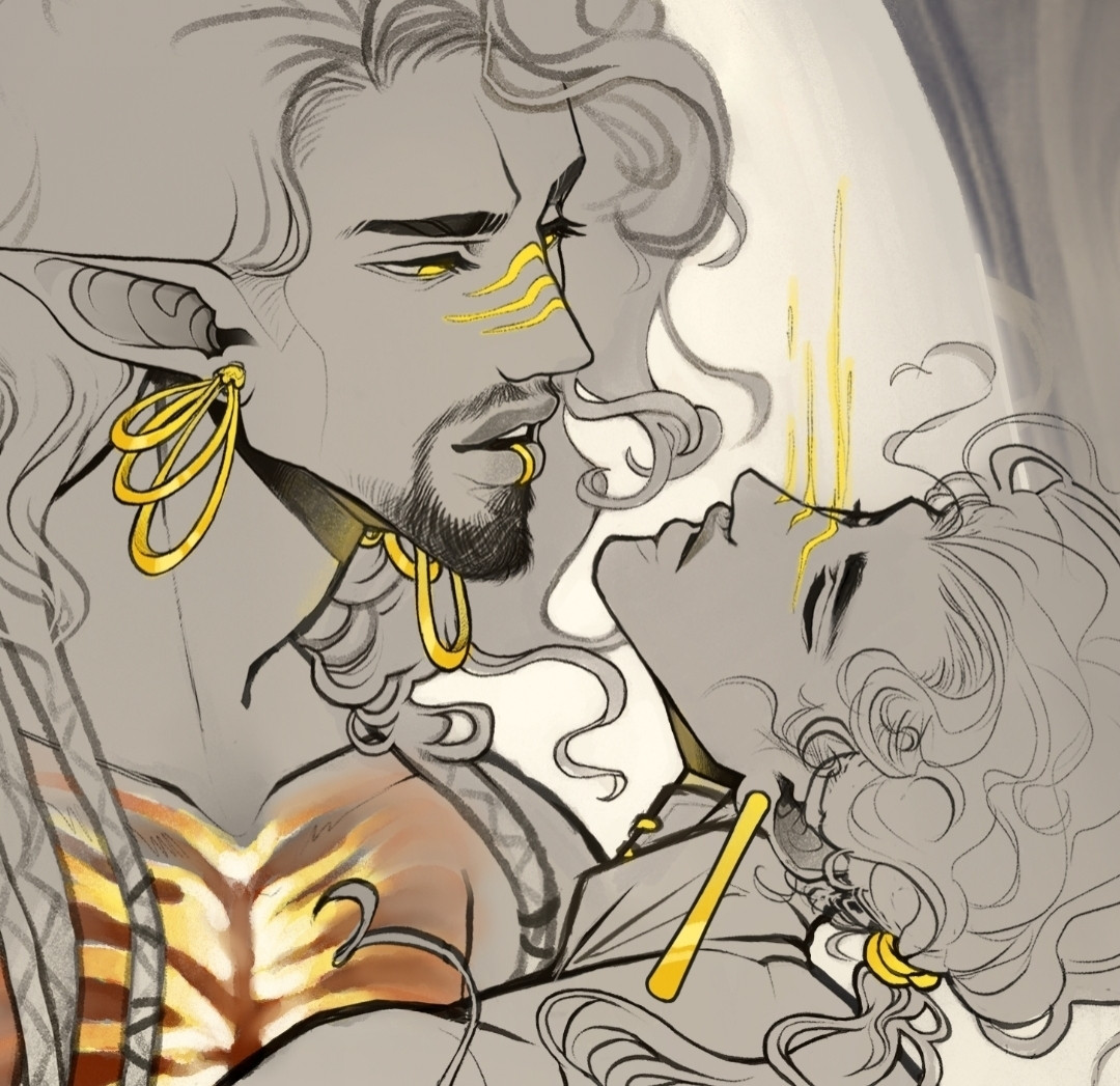 An old wip crop of two male oc busts, Lyos and Eden. They are in a sort of dance pose, where Eden is "unconscious" and Lyos is towering condescendingly as he leads.