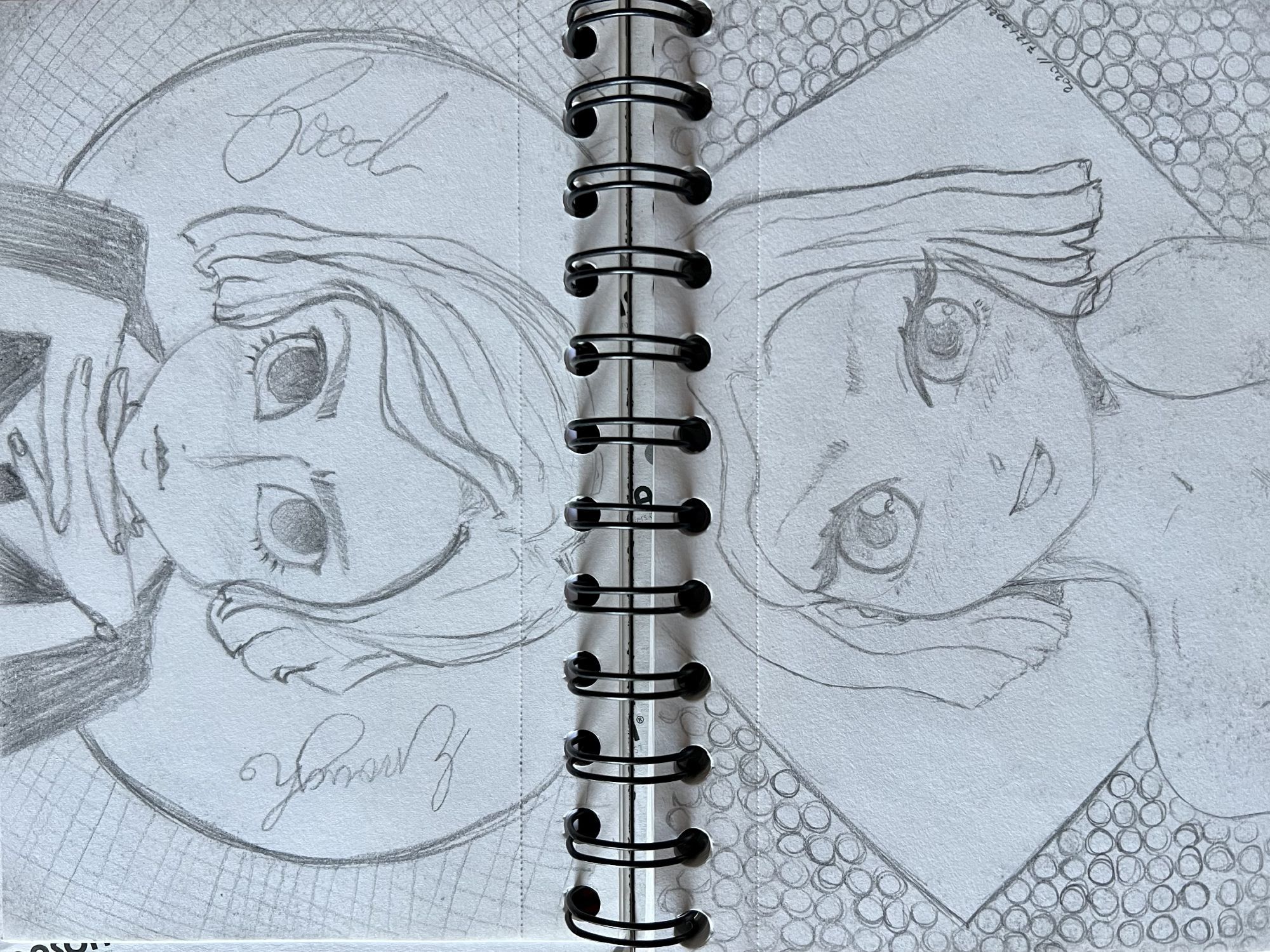 pencil drawings of two girl's faces in two pages of a notebook, facing forward. one of them surrounded by the phrase "good enough"