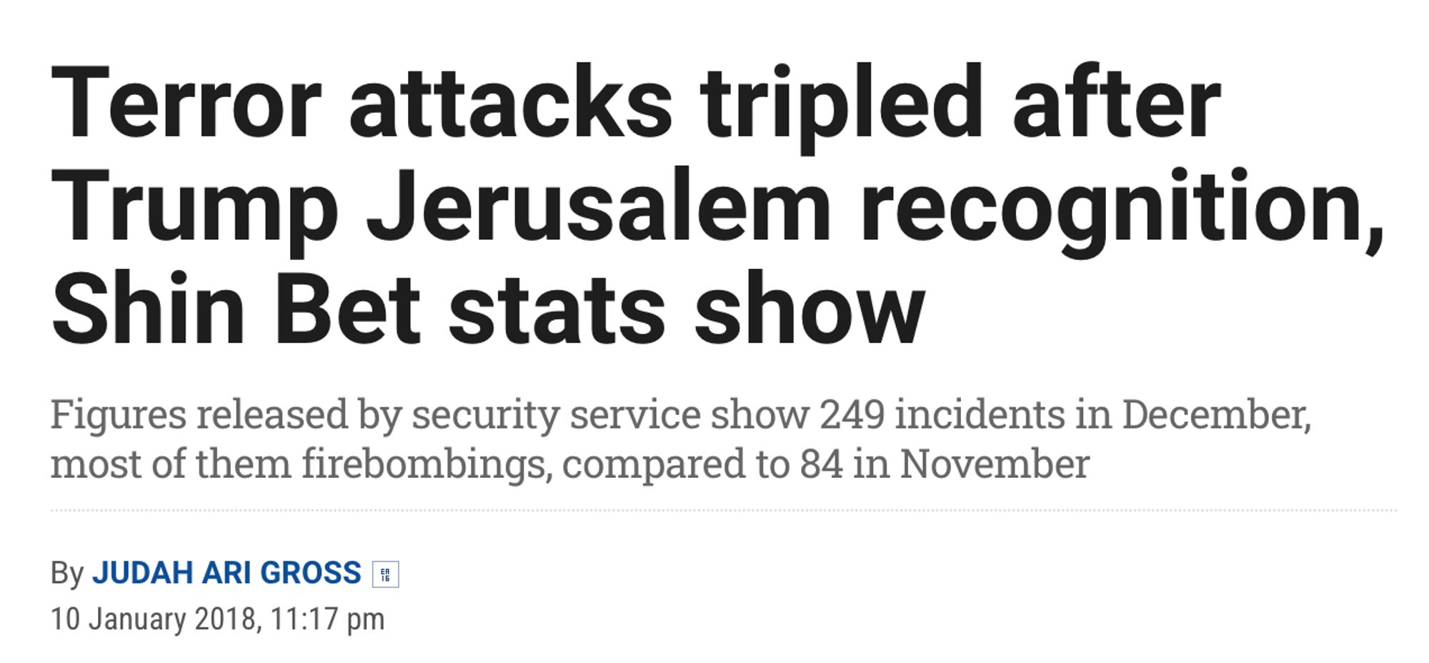 Another Times of Israel headline, because that's what google is preferring these days:

Terror attacks tripled after Trump Jerusalem recognition, Shin Bet stats show
Figures released by security service show 249 incidents in December, most of them firebombings, compared to 84 in November
By Judah Ari Gross 10 January 2018, 11:17 pm 