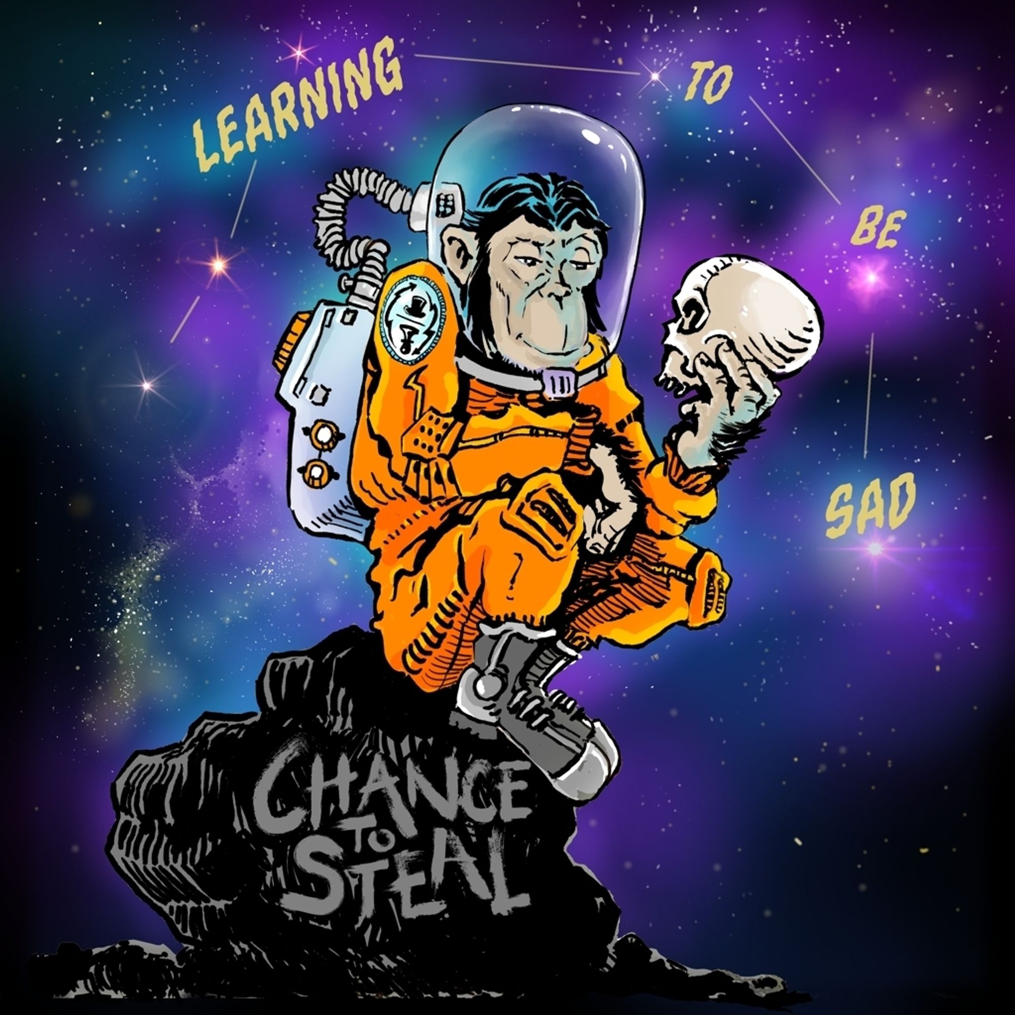 Chance To Steal album cover . An illustration of a chimpanzee in an astronaut's spacesuit sitting and contemplating it's place in the universe. The title of the album is dotted across the sky in the form of a constellation. No AI was used in the cover art by Chris Soares.