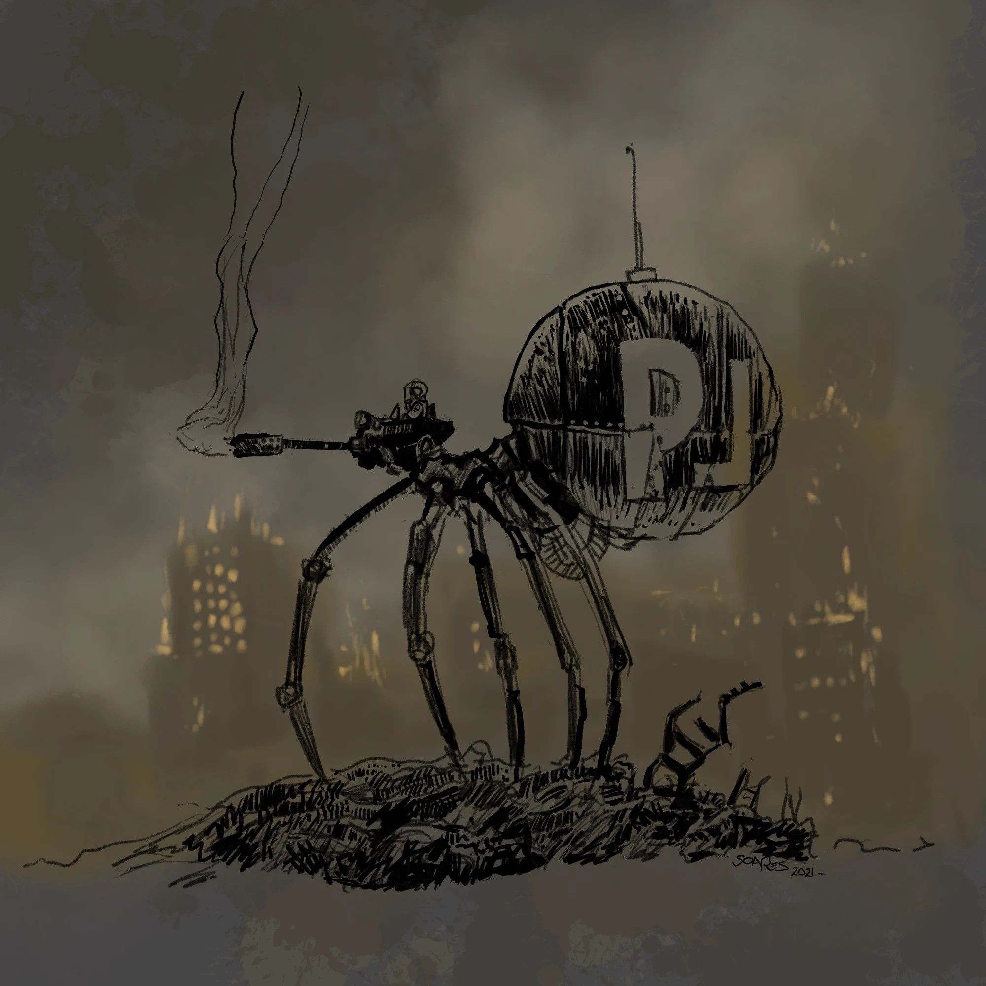 Pen and ink drawing on a color background. The drawing is of a mech-like vehicle in the shape of a spider. A pilot can be seen at the helm. The flamethrower smolders. Fires flicker through the smoky haze illuminating buildings and rubble.