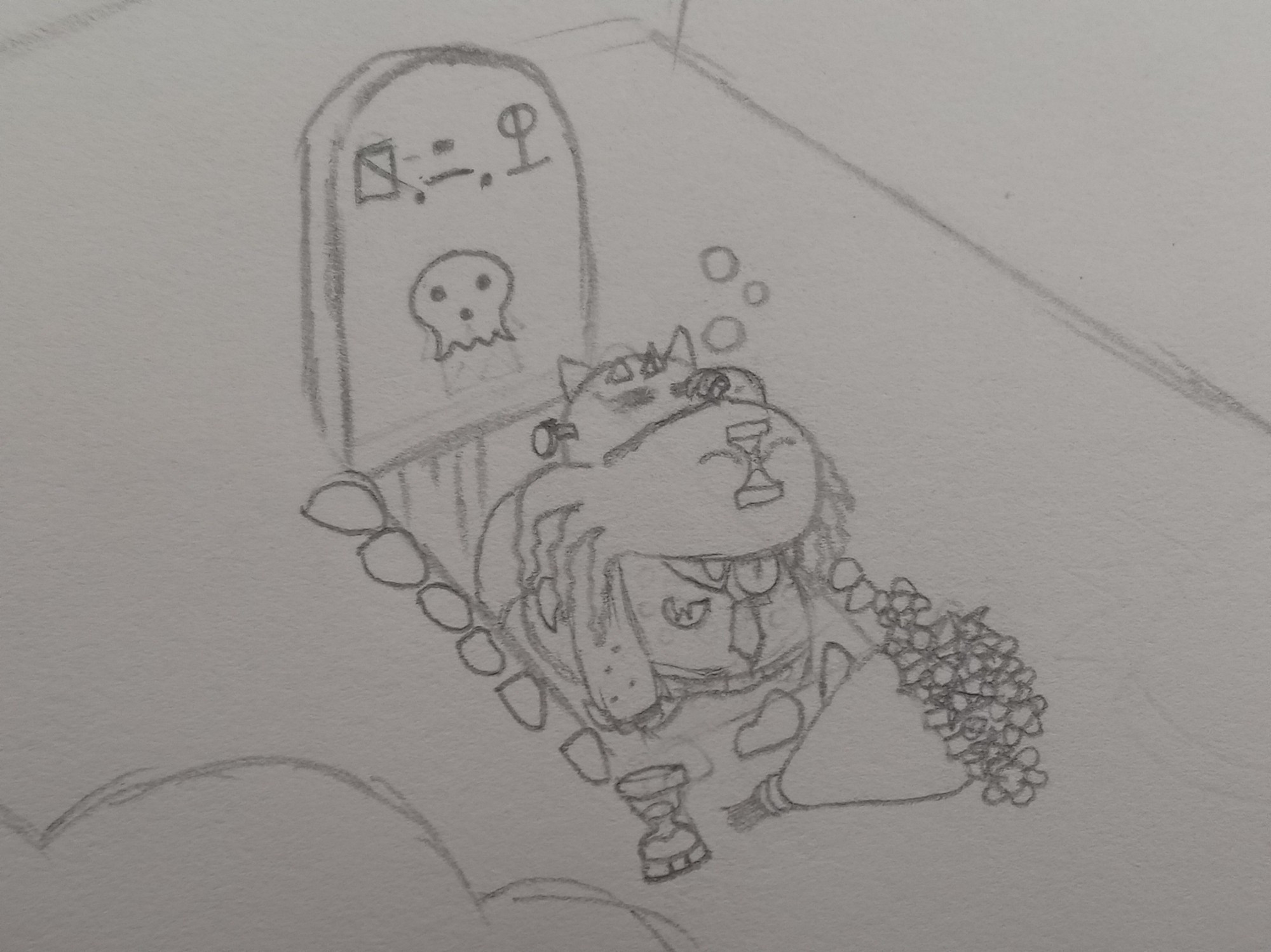 To symbolize day 11, I drew it with 11 flowers in front of its grave, as well as 11 rocks around it's grave, a way that people seal spirits in this AU so they don't come back to attack or haunt anyone