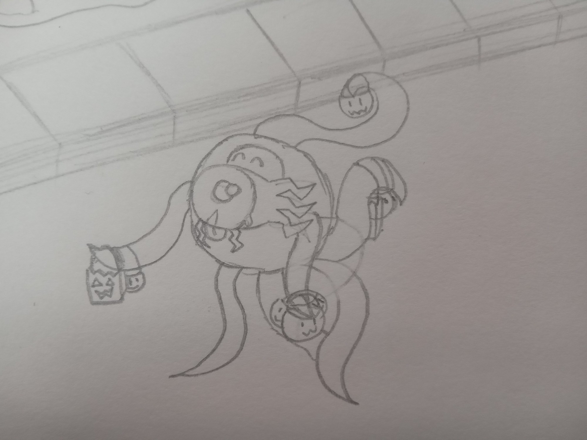 To symbolize day nine, I drew him holding 9 candy buckets (one on the head tentacle, three in his left hand, two in his right hand, and three on the one he's controlling with his tail)