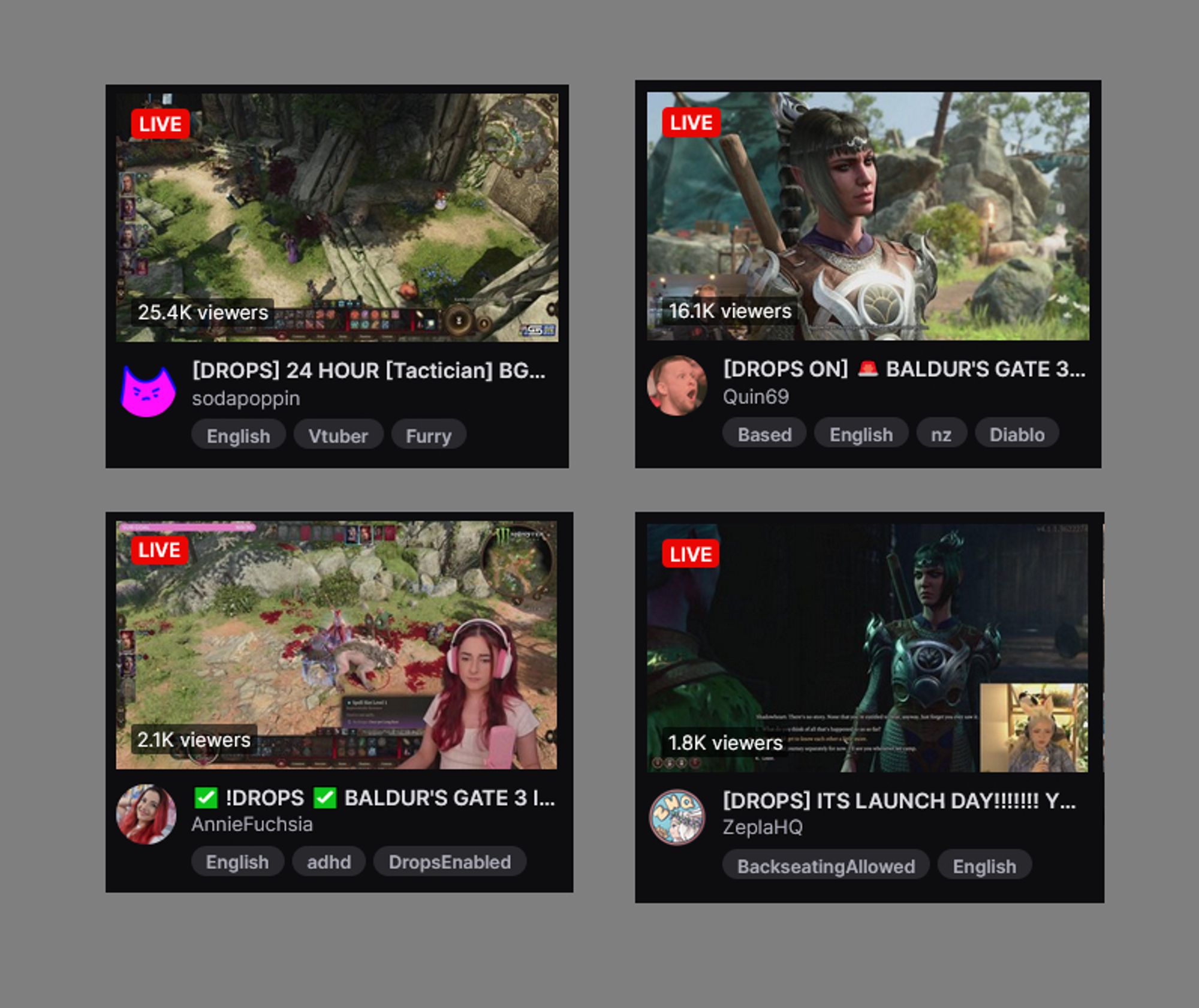 4 twitch streamers playing BG3: sodapoppin, Quin69, anniefuschia, zepla