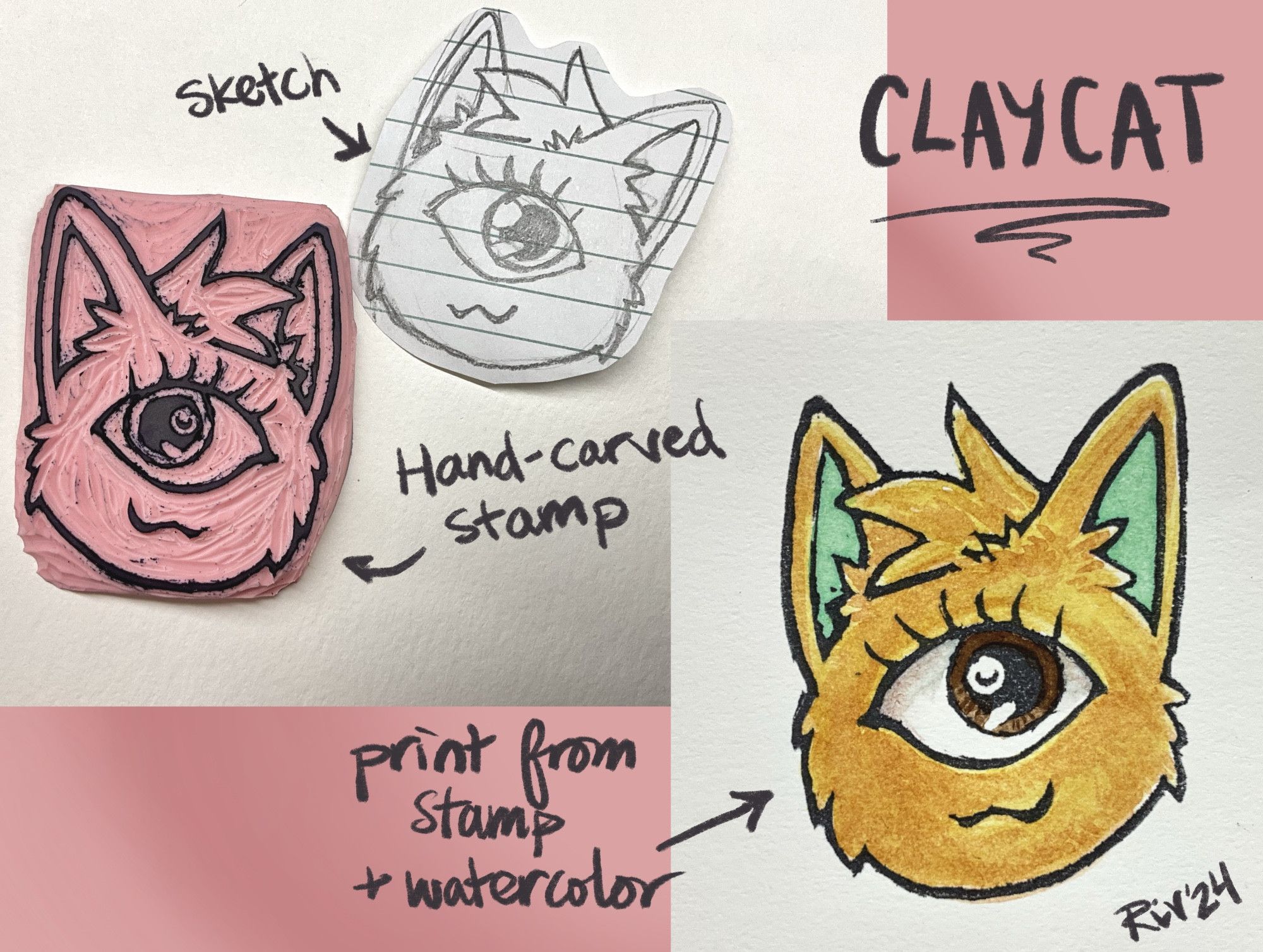 Hand-carved stamp of a cyclops cat, and the preliminary sketch from it and a finished piece with watercolor over the print.