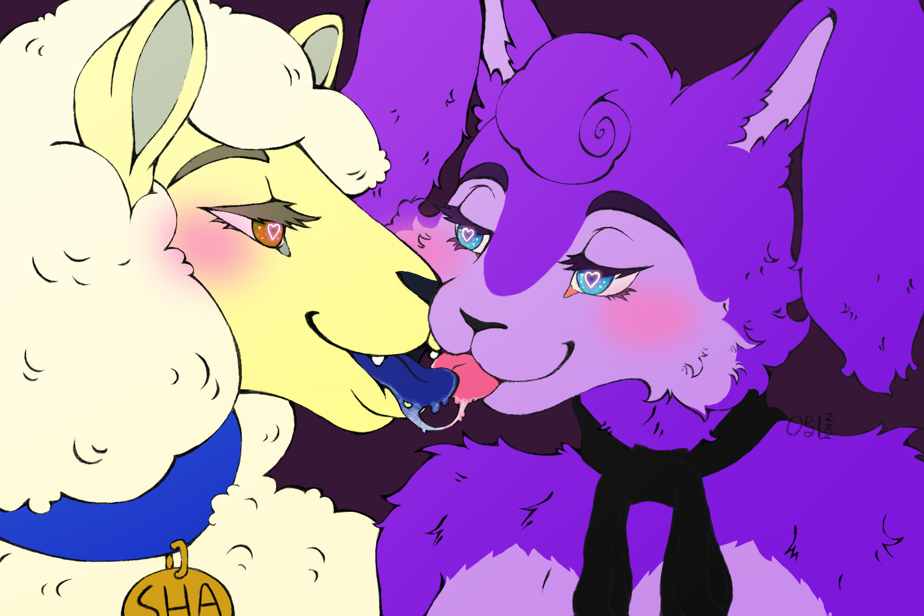 Banny and Sha from "The Walten Files" are making out. They are looking at each other with hearts in their eyes. 
Banny is a purple, fluffy rabbit with curly fur. She wears a loose black bow.
Sha is a light cream sheep with a blue tongue and blue collar with her name on it. 