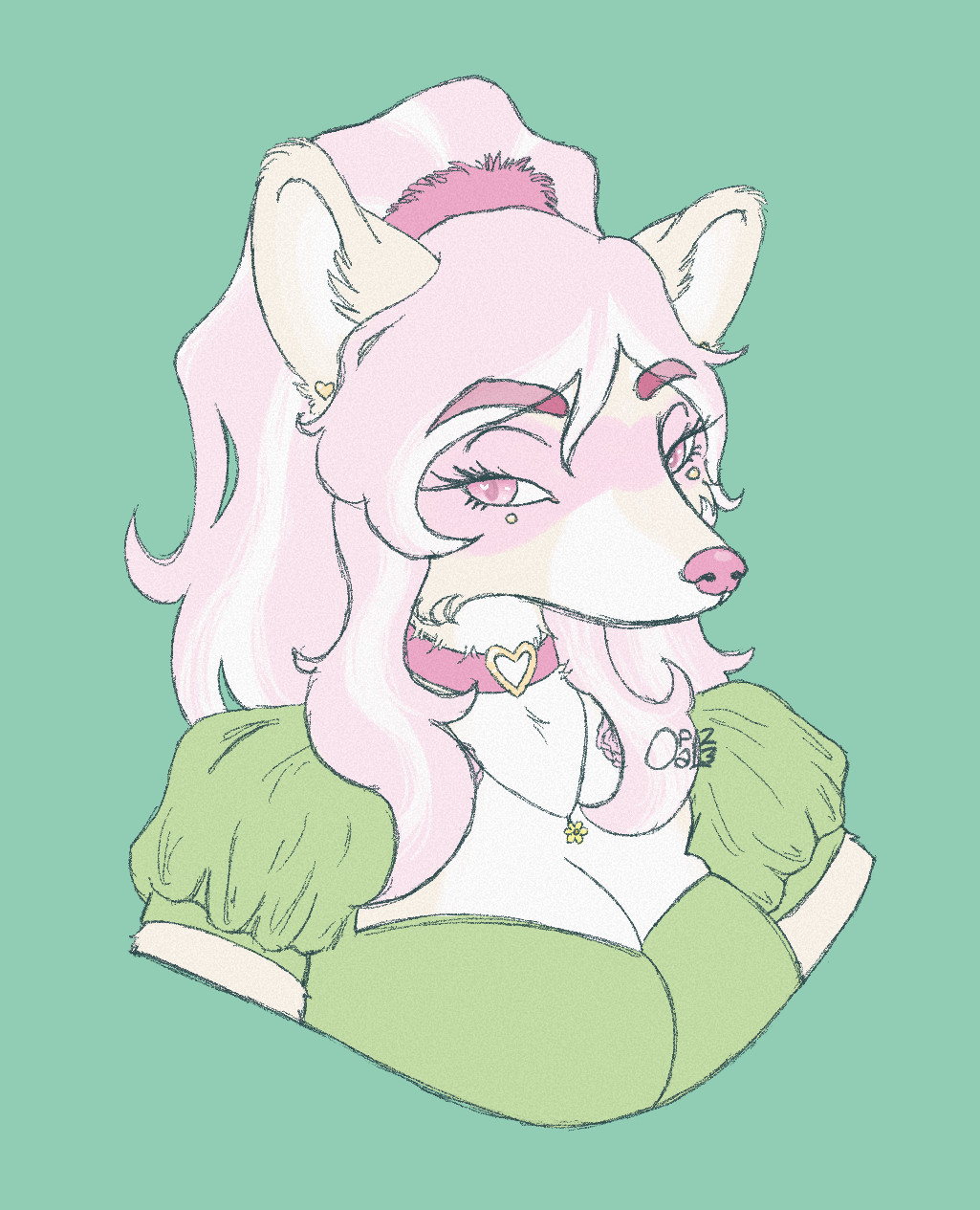 Portrait of a pink raccoon furry woman on a green background.

The raccoon has cream fur with light pink markings and pink eyes. She has light pink hair with white steaks. She's wearing it in a high ponytail with a fuzzy ponytail holder. She has gold heart earrings and gold dermal piercings under both eyes.

She is wearing a green top with puffy short sleeves. She is also wearing a pink heart choker and daisy necklace. She looks a bit bored.