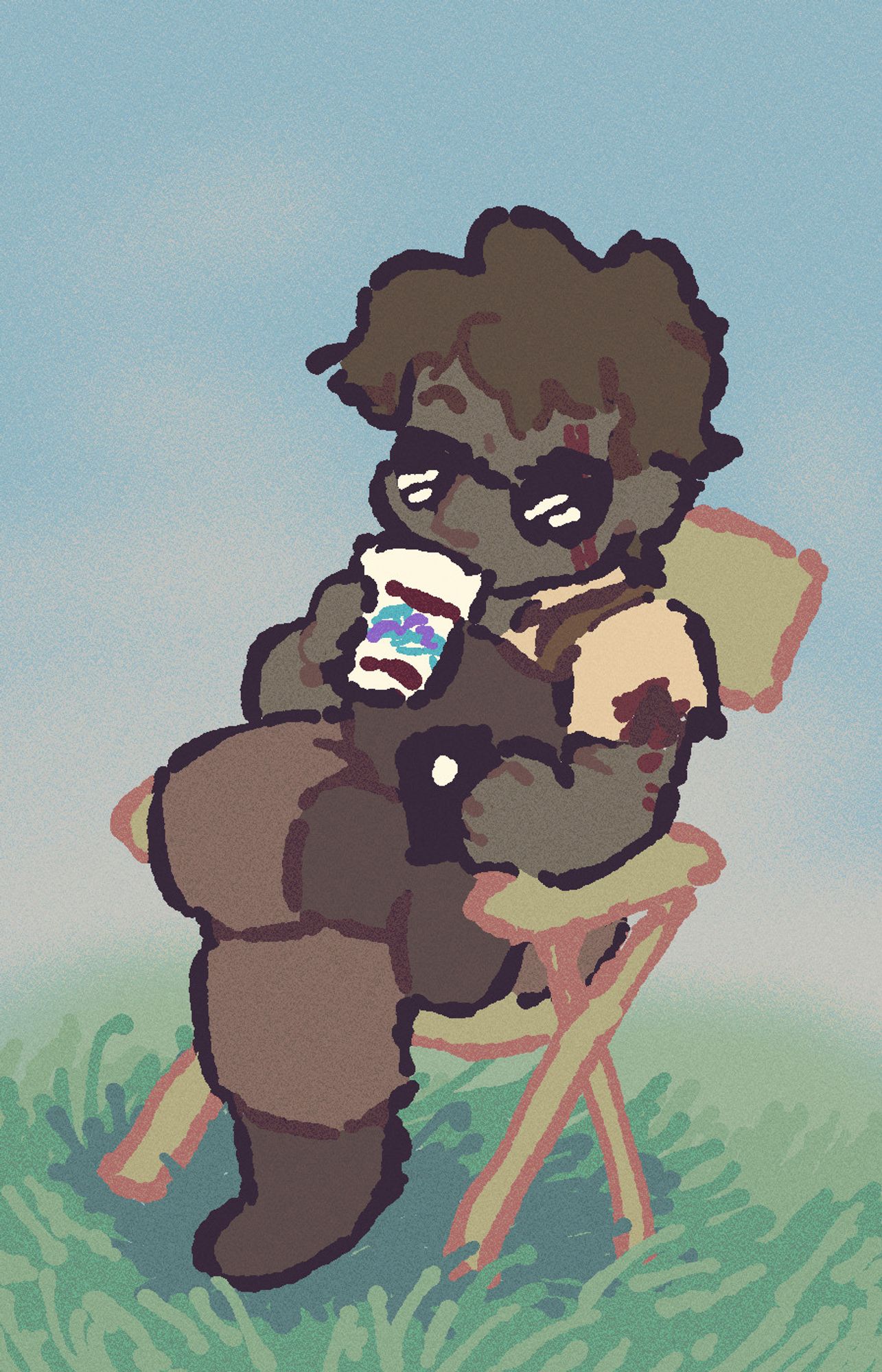 Maggie from the comic Clover and Cutlass sitting in a folding chair, checking a smartphone and sipping a drink