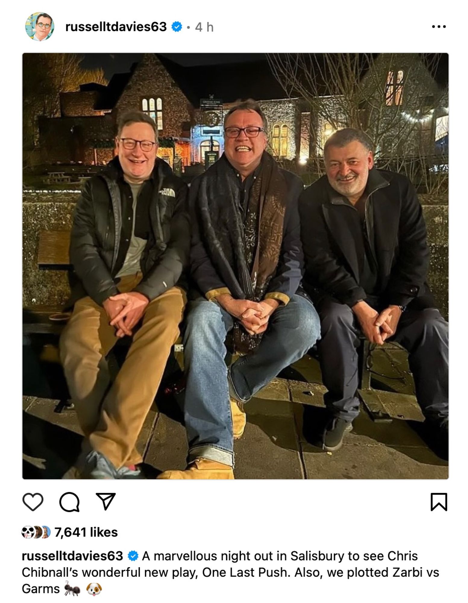 Instagram post by Russell T Davies. The photo shows Chris Chibnall, Davies and Steven Moffat sitting on a bench. The caption reads, "A marvellous night out in Salisbury to see Chris Chibnall’s wonderful new play, One Last Push. Also, we plotted Zarbi vs Garms"