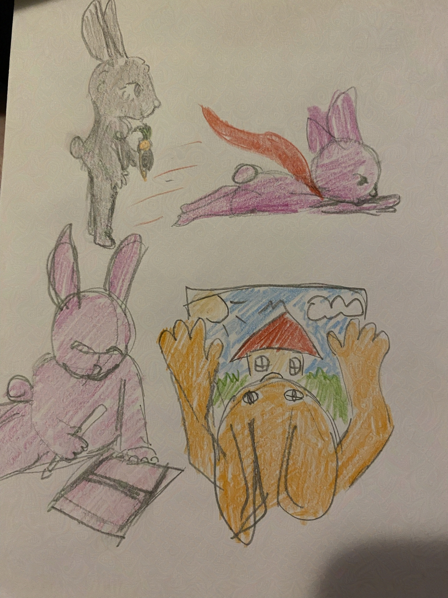 Top left: An anthro gray bunny holding a carrot while facing to the right.
Top right: an anthro pink bunny character flying with a red cape flowing behind them like superman
Bottom left:  An anthro pink bunny with very little detail relaxing on the floor while looking at a book, they are holding a drawing utensil.
Bottom right:  An anthro orange bunny from overhead, they are sitting above a child-like house drawing with their hands on either side of the drawing.