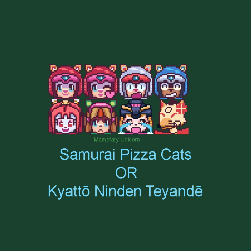 Pixel art, Samurai Pizza Cat or Kyatto Ninden Teyande emojis or emotes.
Top row: Polly/Pururun happy, same character with a heart, then speedy/Yattaro with a surprised face, Guido/Sukashi laughing.
Bottom row:  Pricess Vi/Tokugawa Usako happy, Francine/Otama with a worried face, Lucille/Omitsu crying and Big Cheese/Kitsunezuka Ko'on-no-Kami angry. 