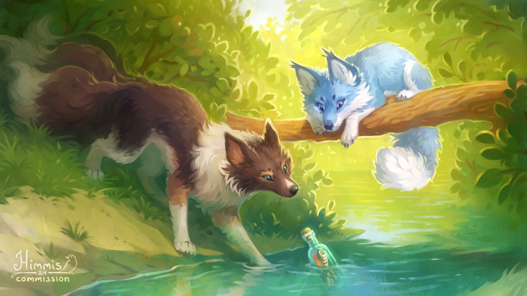 painterly drawn digital illustration with scenic backgrounds and happy feral furry characters