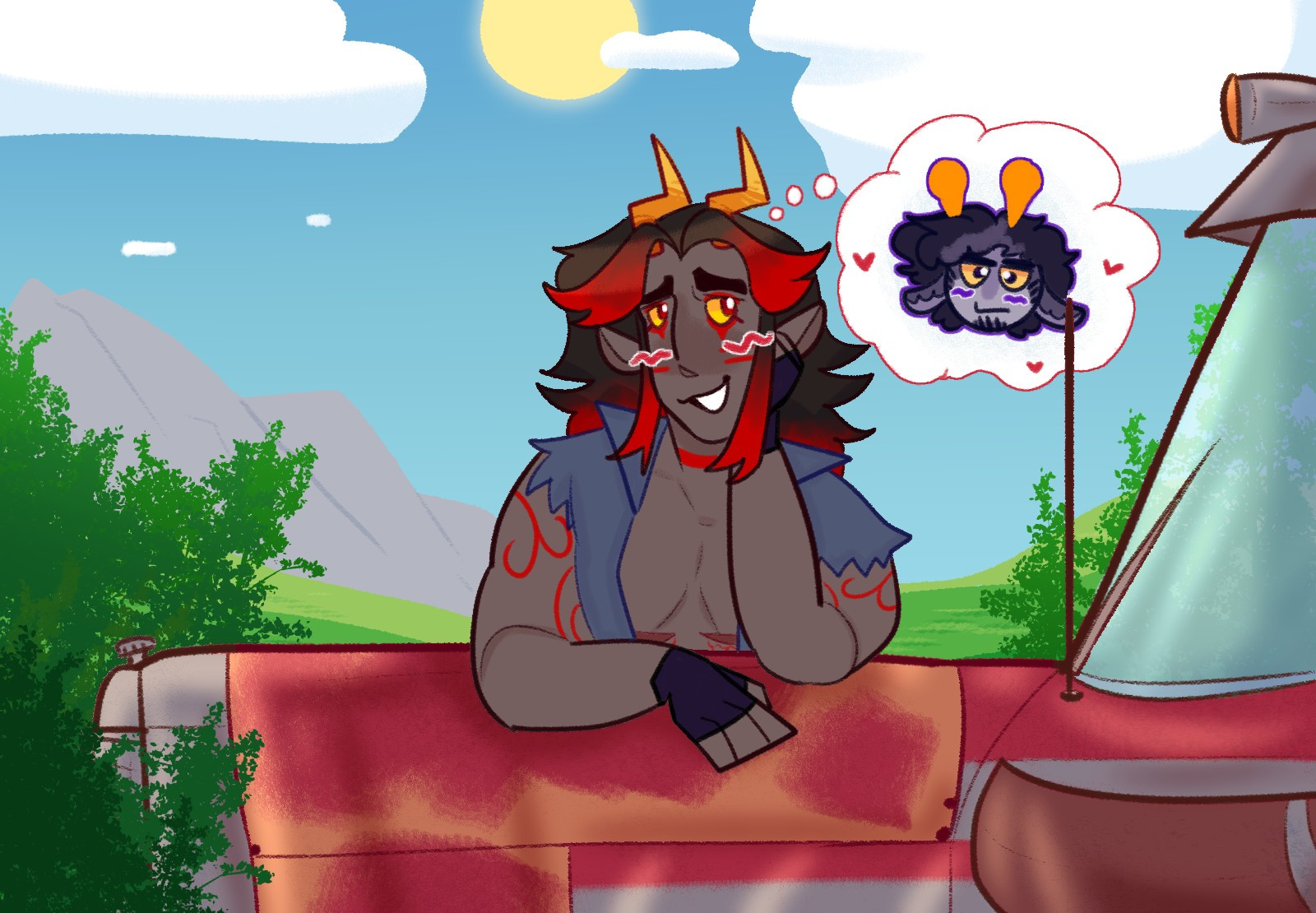 A halfbody illustration of Maxxin, a fantroll with tattoos and red highlights in his hair, leaning against his truck while daydreaming about Avrage, another fantroll with facial hair and fluffy ears. 