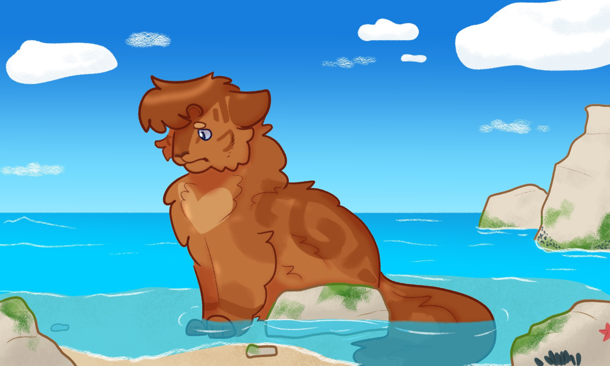 A fullbody illustration of Aegean, a brown cat, sitting in the waves on a beach.