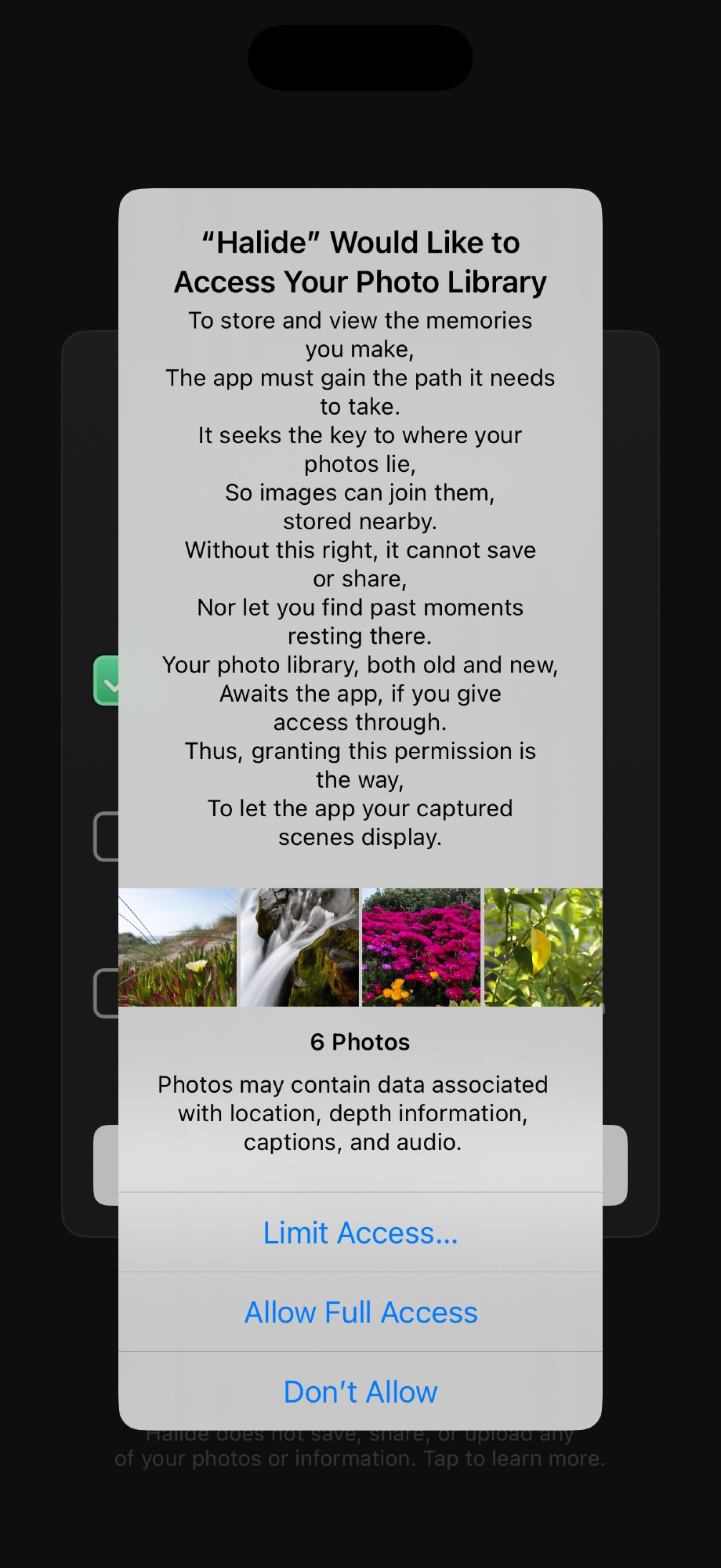 A photo library permission prompt:

To store and view the memories you make,
The app must gain the path it needs to take.
It seeks the key to where your photos lie,
So images can join them, stored nearby.
Without this right, it cannot save or share,
Nor let you find past moments resting there.
Your photo library, both old and new,
Awaits the app, if you give access through.
Thus, granting this permission is the way,
To let the app your captured scenes display.