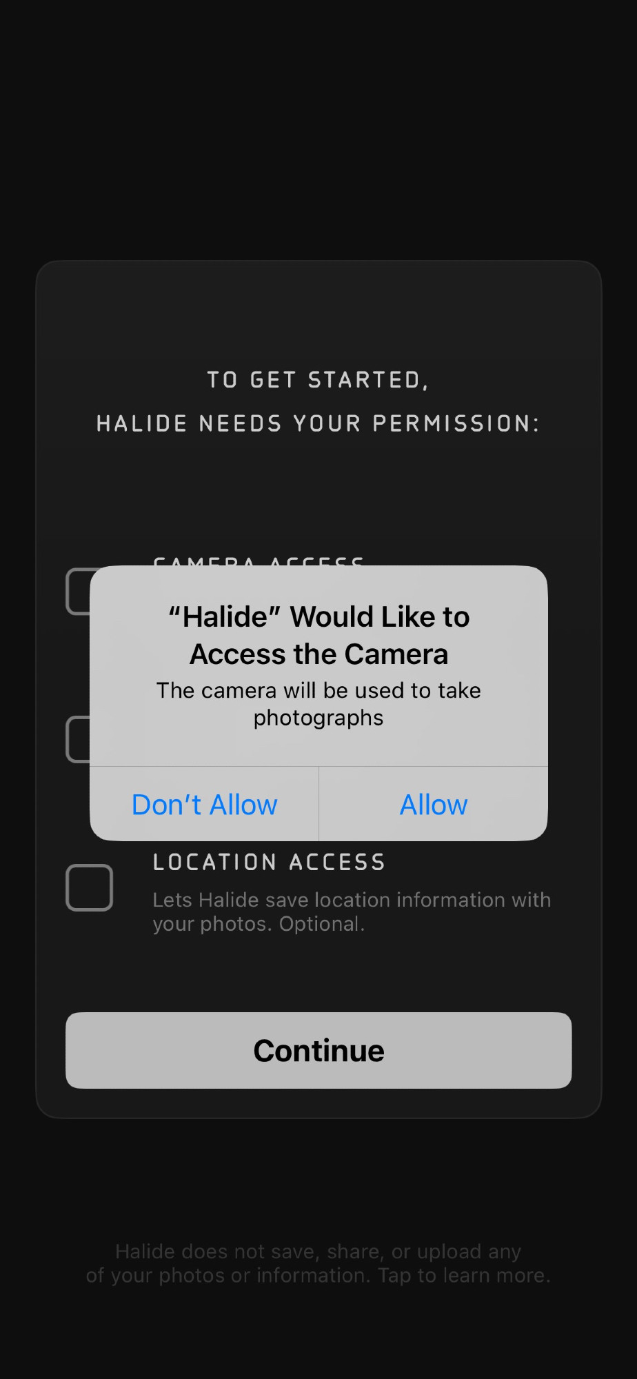 A camera permission prompt: "The camera will be used to take photographs."