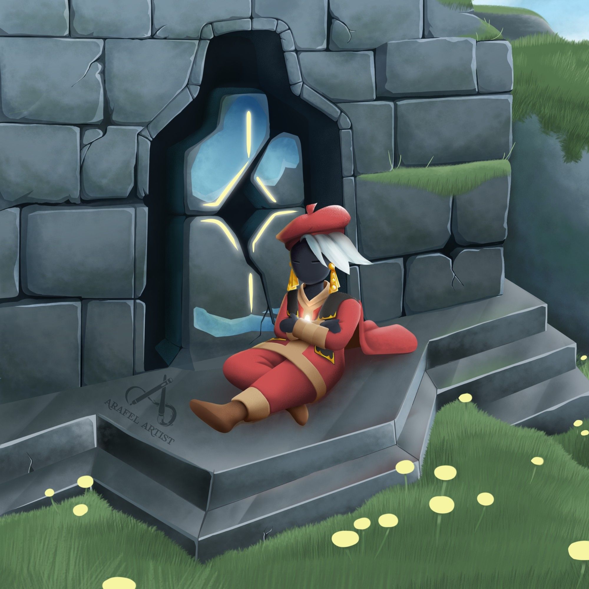 Digital art of a person, from the game sky children of the light, with white hair and dressed in a red, black, and brown outfit sitting on the steps of a stone temple. A gravestone sits in the hole of this temple next to the character. There is grass in the bottom and right areas of the image with little yellow flowers.