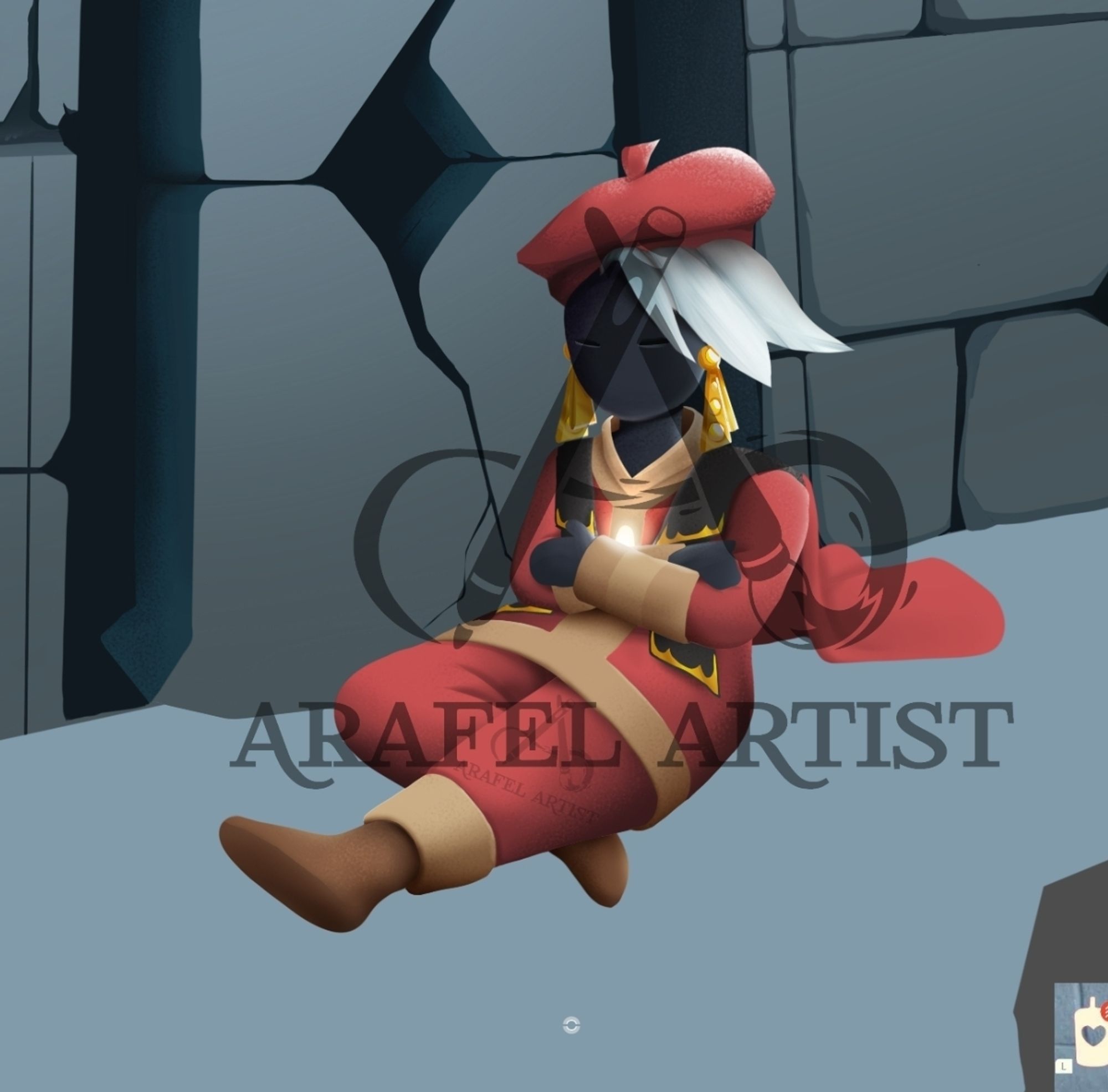 Work in progress of a character with white hair and a red outfit sitting against an unfinished stone wall.